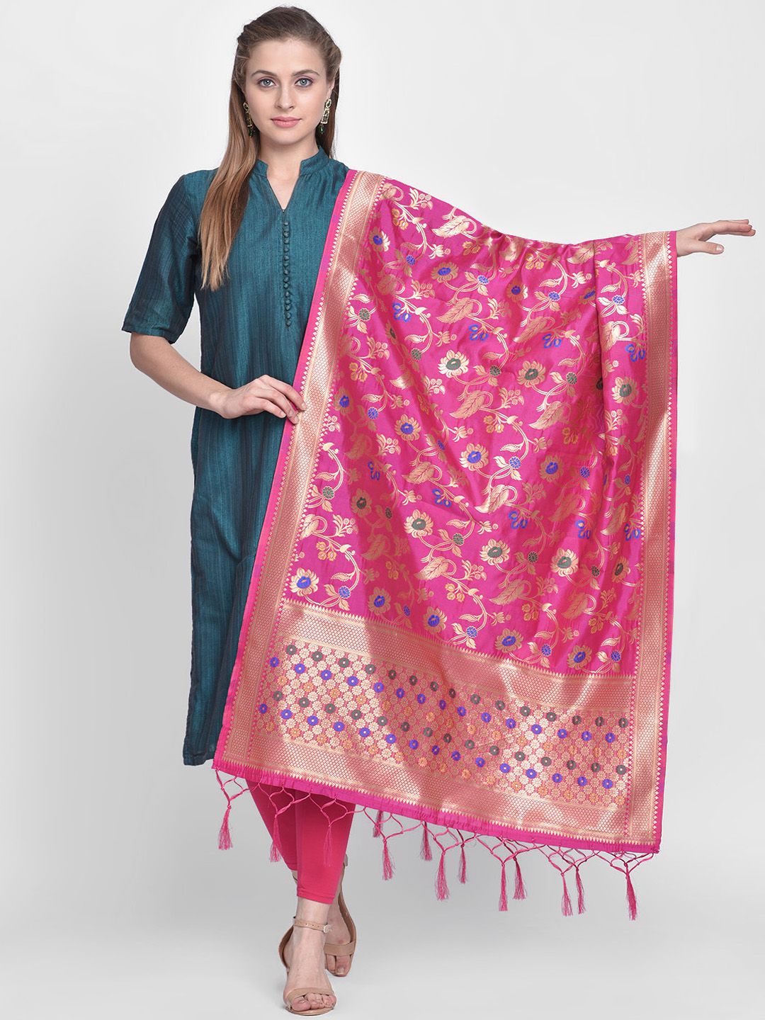 Dupatta Bazaar Pink & Gold-Coloured Woven Design Dupatta Price in India