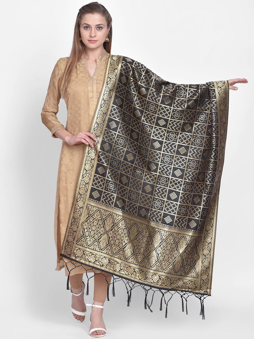 Dupatta Bazaar Black & Gold-Toned Woven Design Dupatta Price in India