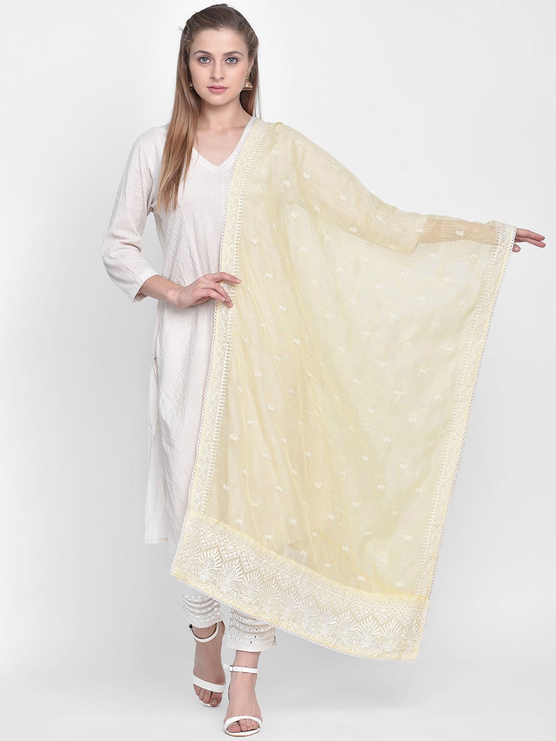 Dupatta Bazaar Yellow & White Embroidered Net Dupatta