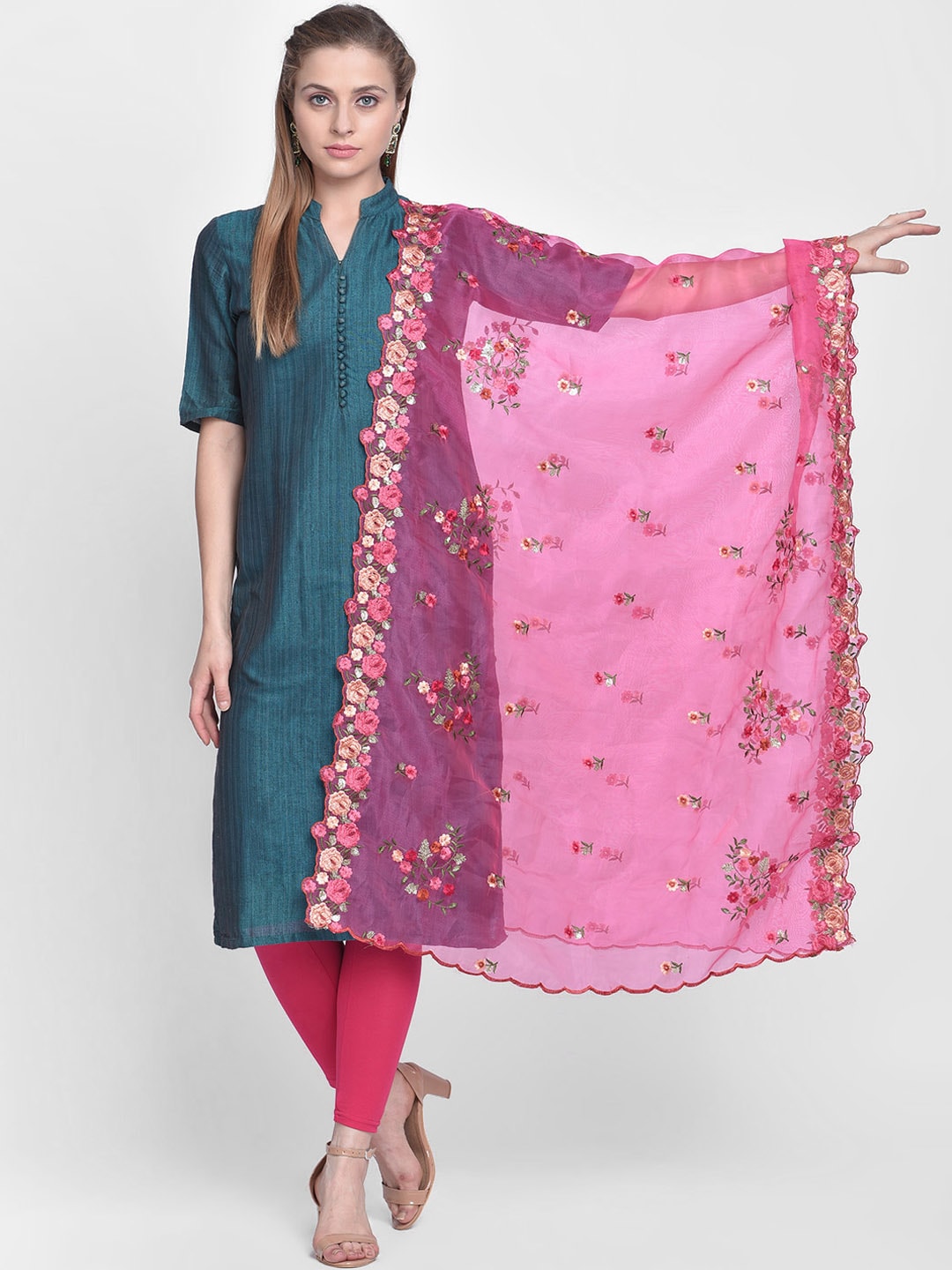 Dupatta Bazaar Pink & Green Embroidered Organza Dupatta Price in India