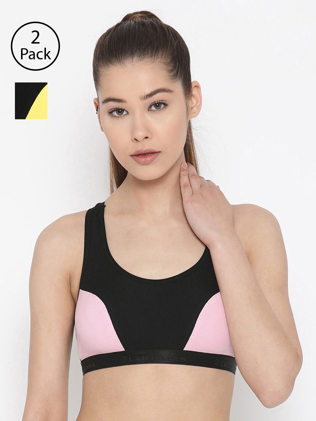 Lady Lyka Pack of 2 Colourblocked Non-Wired Non Padded Sports Bras ROSES-PNK-YLW Price in India