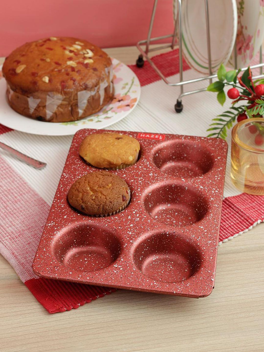 HAZEL Red Solid Heavy Gauge Aluminium Granite Finish Non-Stick Microwave Safe Muffin Tray Price in India