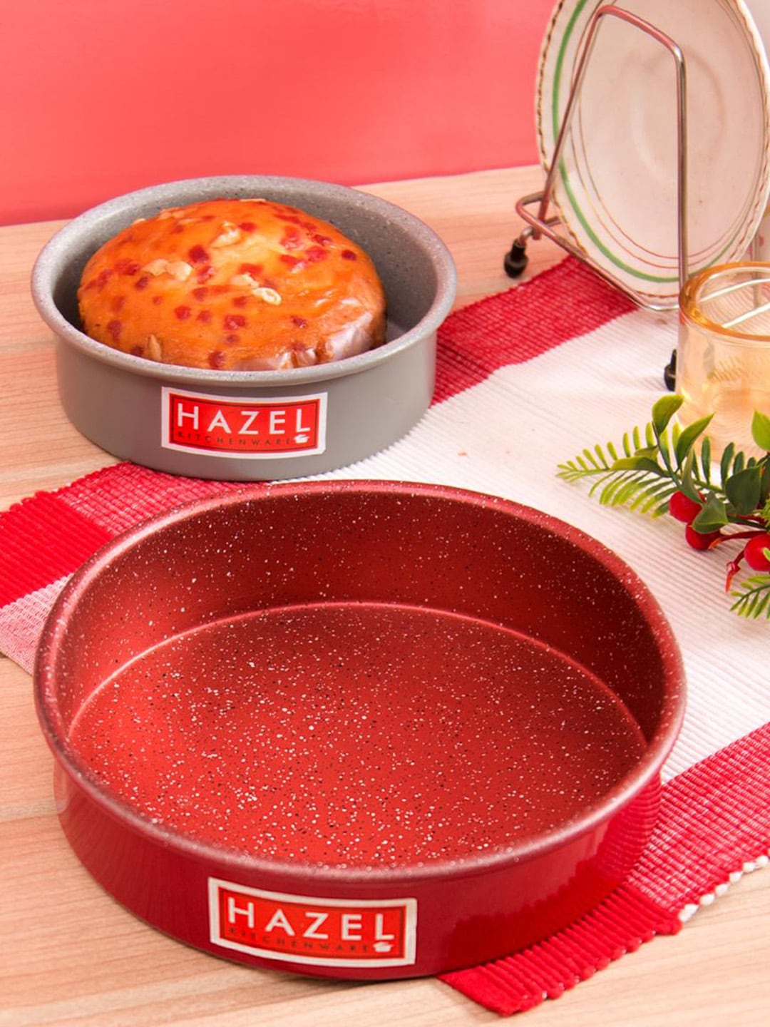 HAZEL Set Of 2 Grey & Red Aluminium Non Stick Microwave Safe Small & Large Cake Moulds Price in India