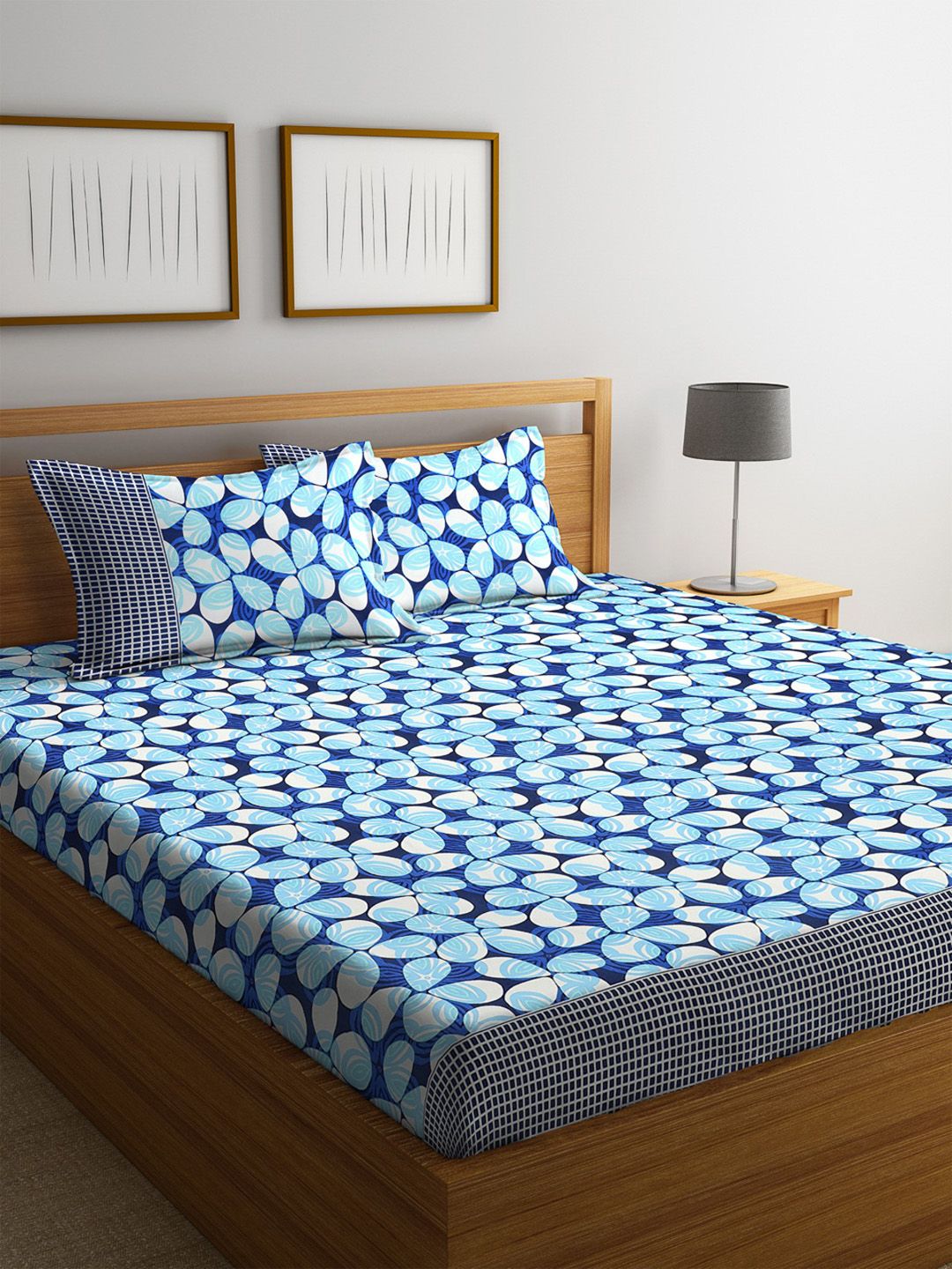 ROMEE Blue Geometric 144 TC Cotton 1 Queen Bedsheet with 2 Pillow Covers Price in India
