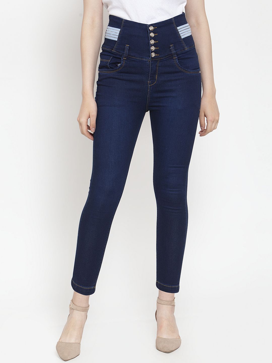 Purple Feather Women Navy Blue Skinny Fit High-Rise Clean Look Cropped Jeans Price in India