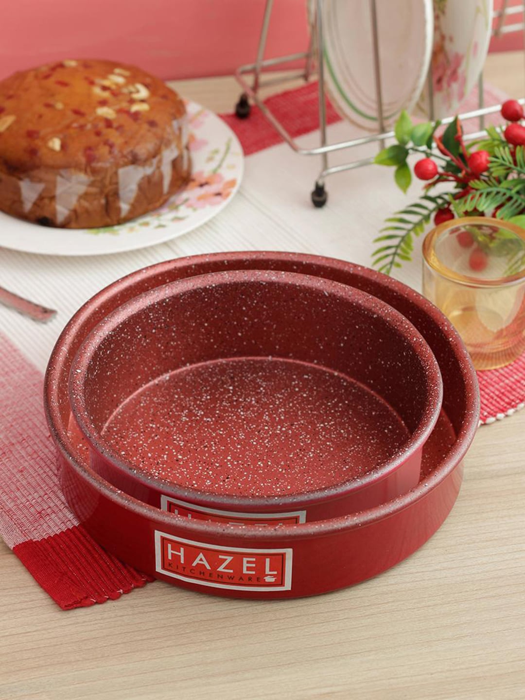 HAZEL Set Of 2 Red Aluminium Non Stick Microwave Safe Small & Large Cake Moulds Price in India
