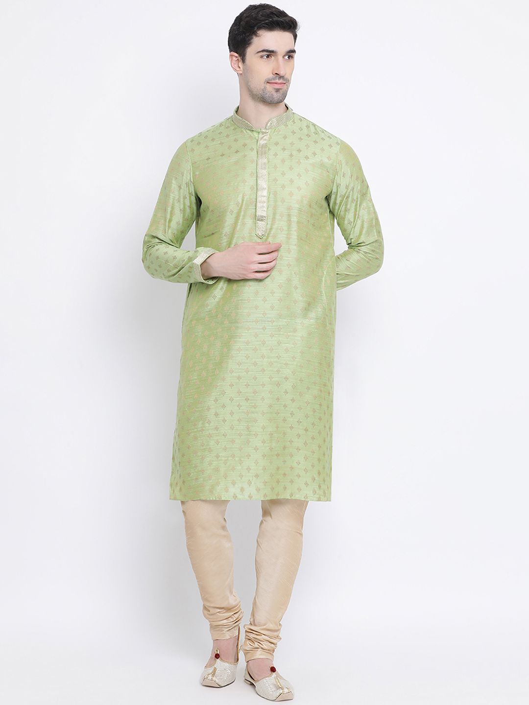 Here&Now X Sanwara  Men Green & Golden Woven Design Straight Kurta