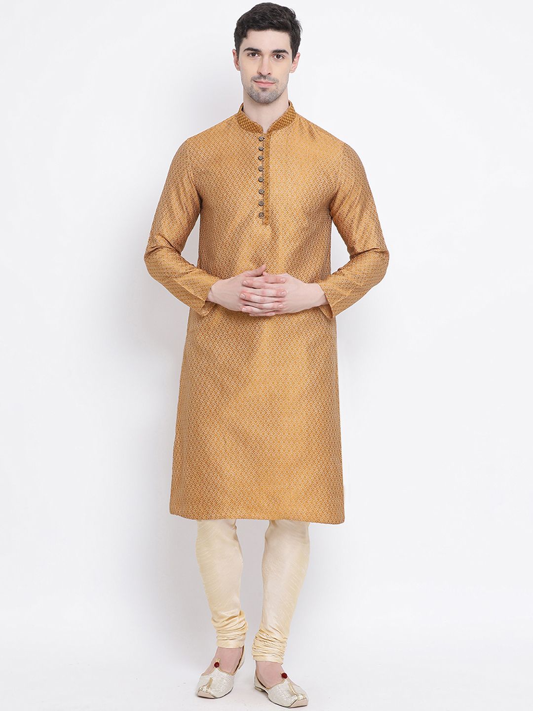 Here&Now X Sanwara  Men Gold-Coloured Woven Design Straight Jacquard Kurta