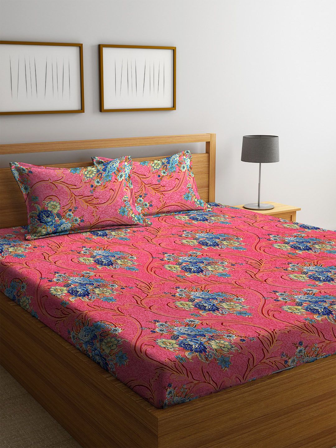 ROMEE Pink & Blue Floral 144 TC Cotton 1 Queen Bedsheet with 2 Pillow Covers Price in India