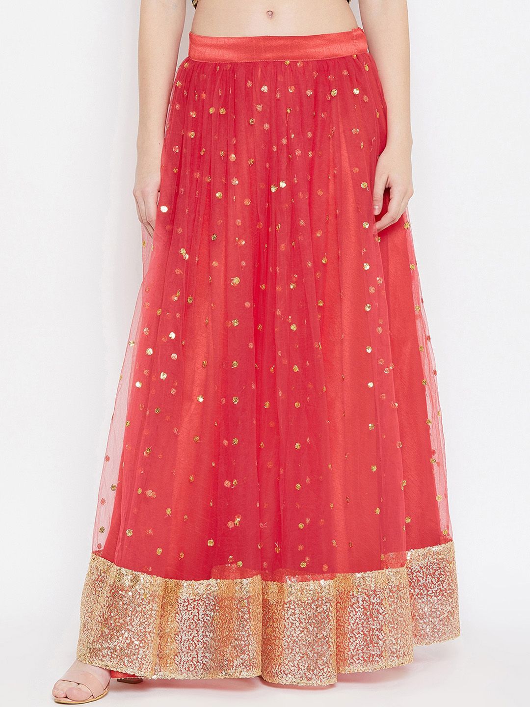 studio rasa Women Coral-Coloured Embellished Net Sequin Gathered Flared Maxi Skirt