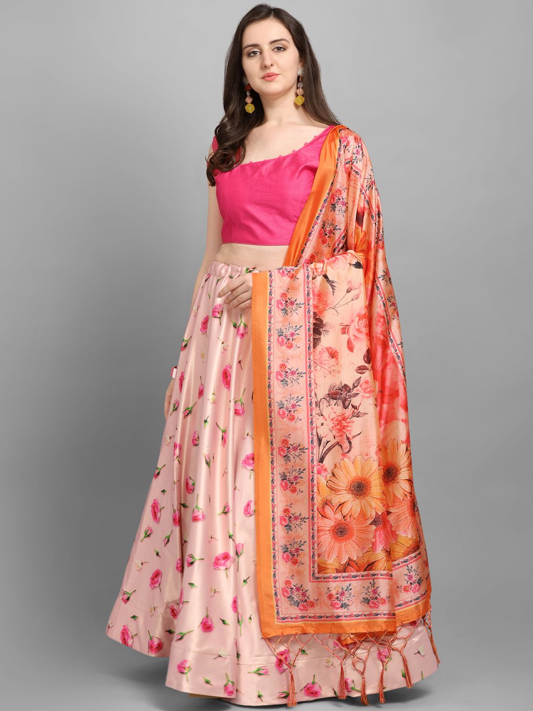 Satrani Pink & Peach-Coloured Solid Unstitched Lehenga & Blouse with Dupatta Price in India