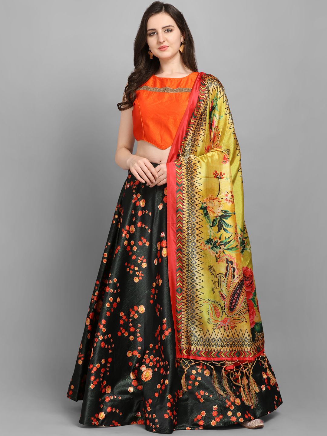 Satrani Black & Orange Printed Unstitched Lehenga & Blouse with Dupatta Price in India