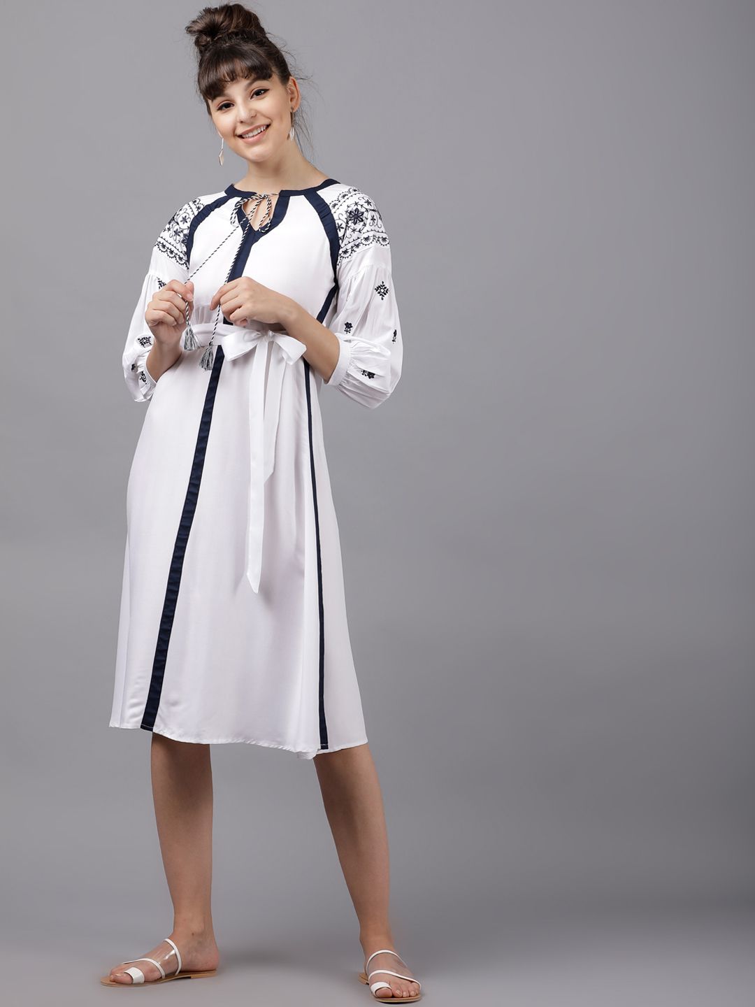 Vishudh Women White Solid A-Line Dress Price in India