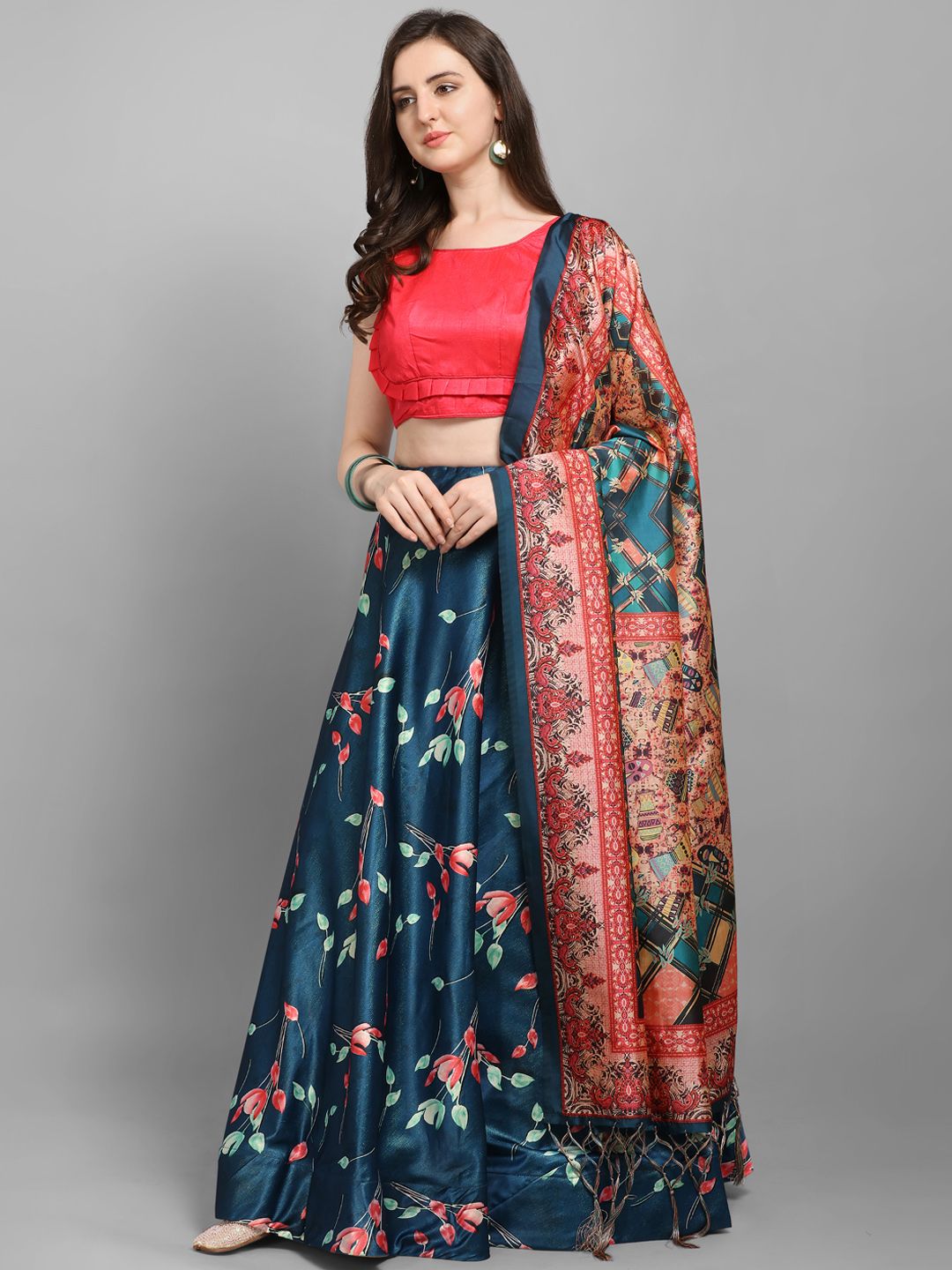 Satrani Teal Blue & Pink Solid Unstitched Lehenga & Blouse with Dupatta