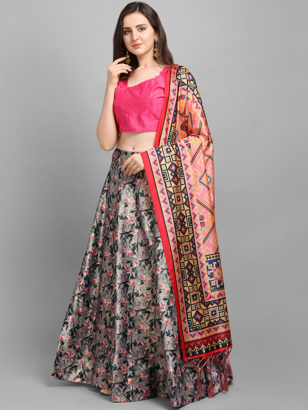 Satrani Grey & Pink Solid Unstitched Lehenga & Blouse with Dupatta Price in India