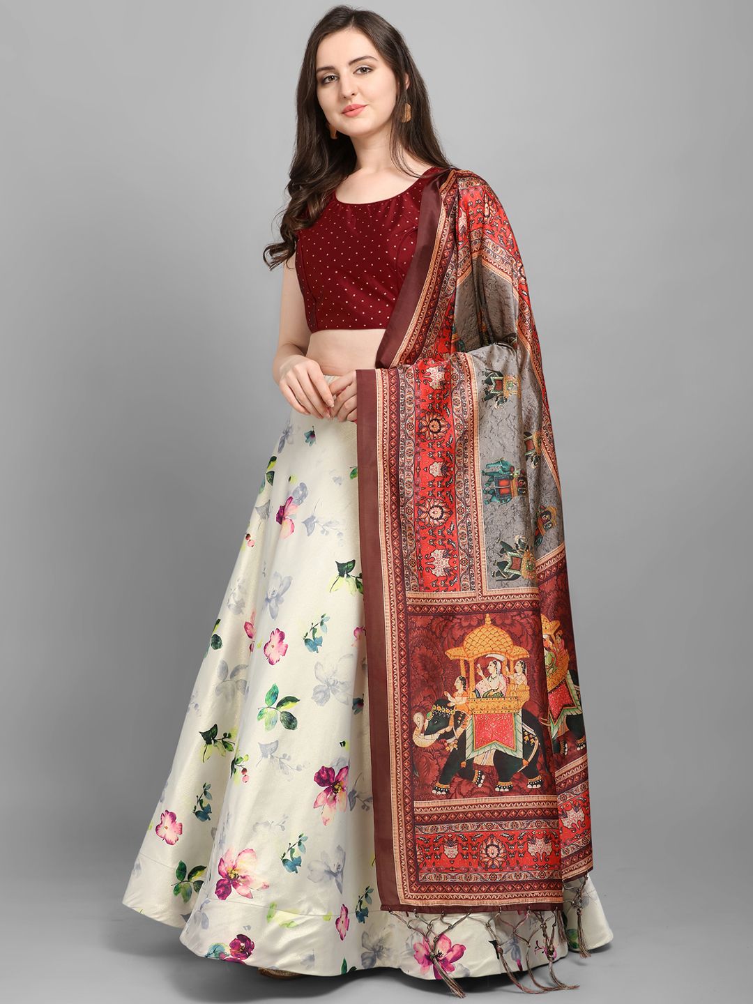 Satrani Beige & Maroon Printed Unstitched Lehenga & Blouse with Dupatta