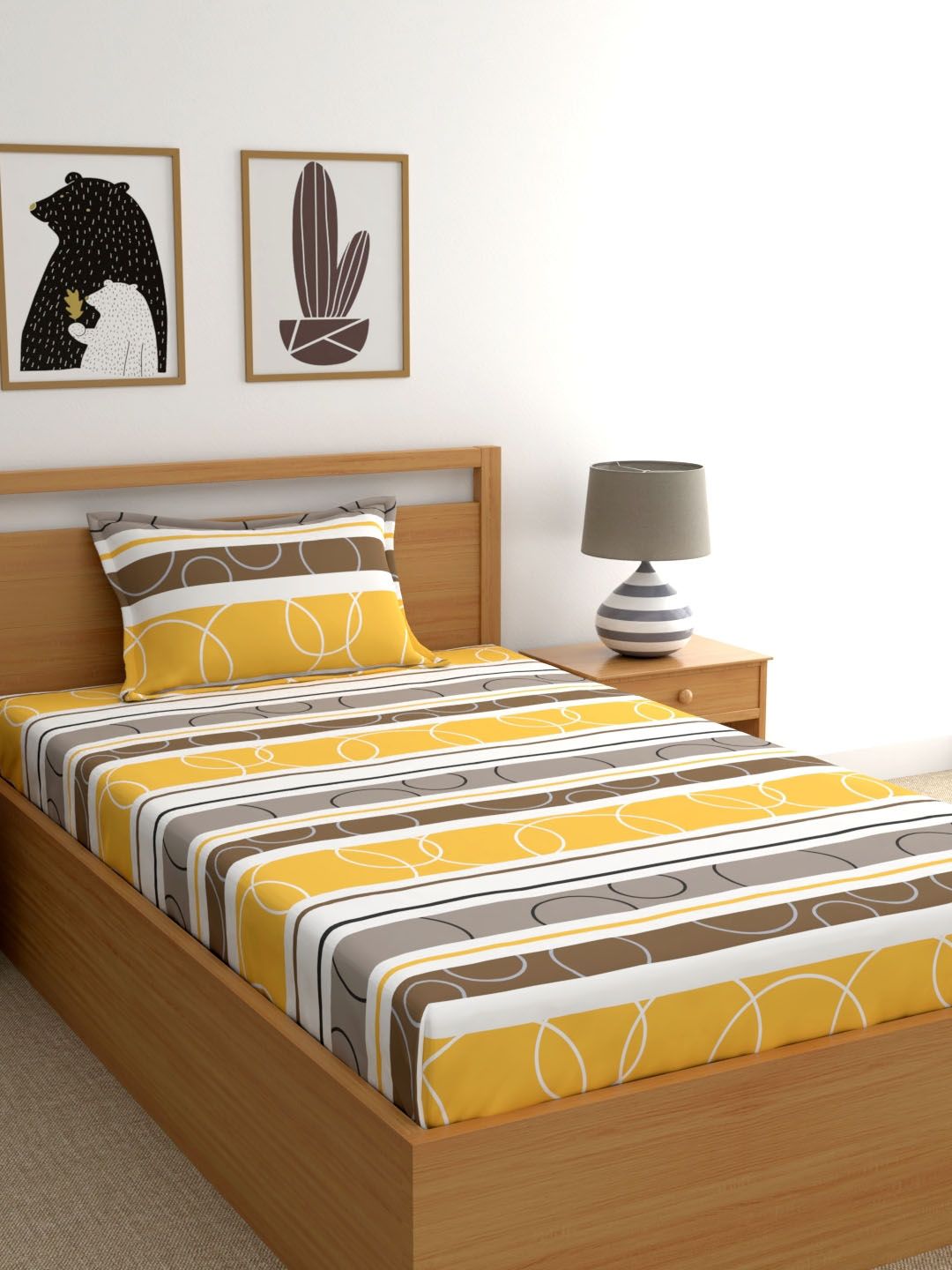 Home Ecstasy Yellow & Brown Geometric 140 TC Cotton 1 Single Bedsheet with 1 Pillow Covers Price in India