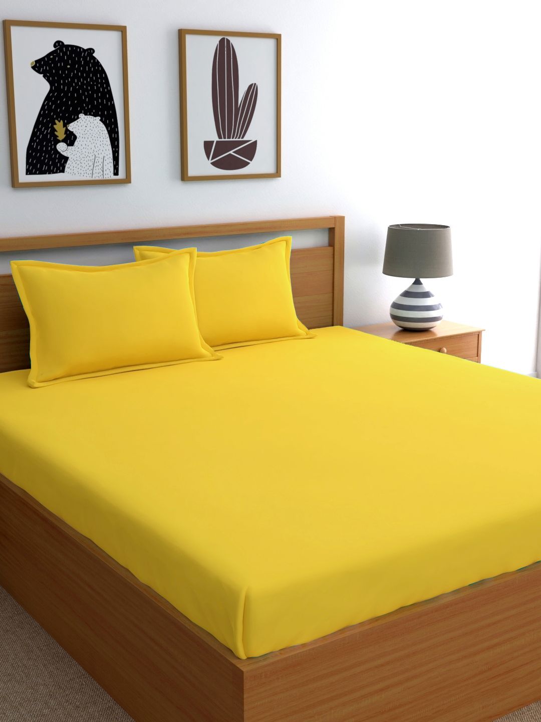 Home Ecstasy Yellow Solid 150 TC Cotton 1 Queen Bedsheet with 2 Pillow Covers Price in India