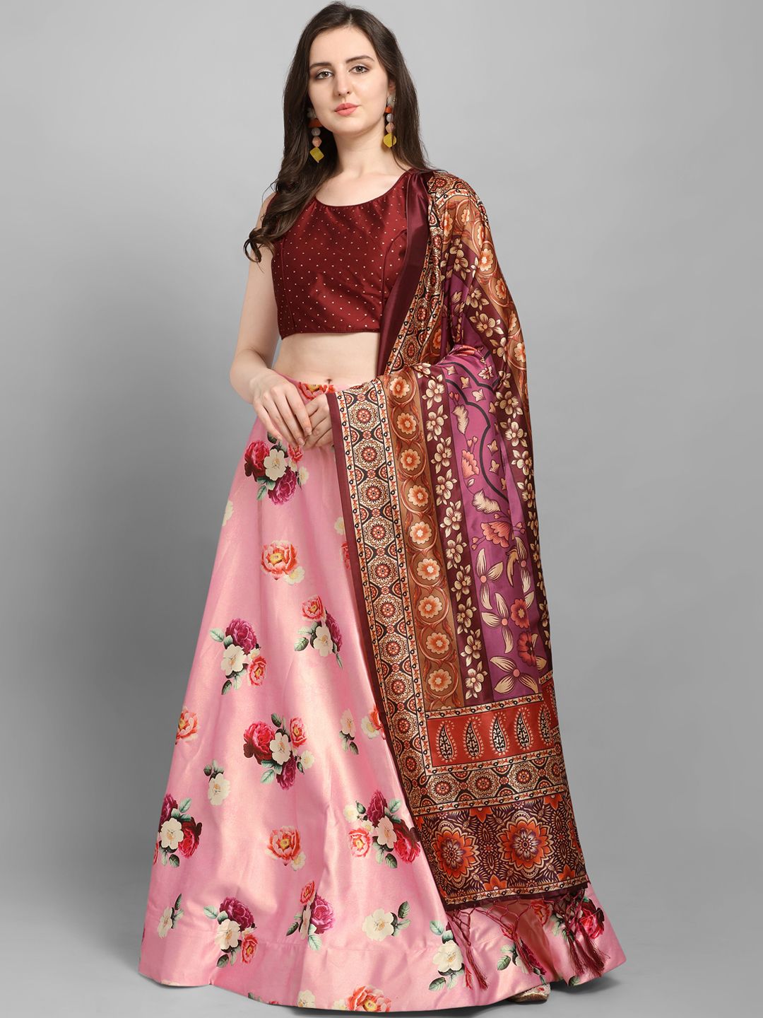 Satrani Pink & Maroon Printed Unstitched Lehenga & Blouse with Dupatta Price in India