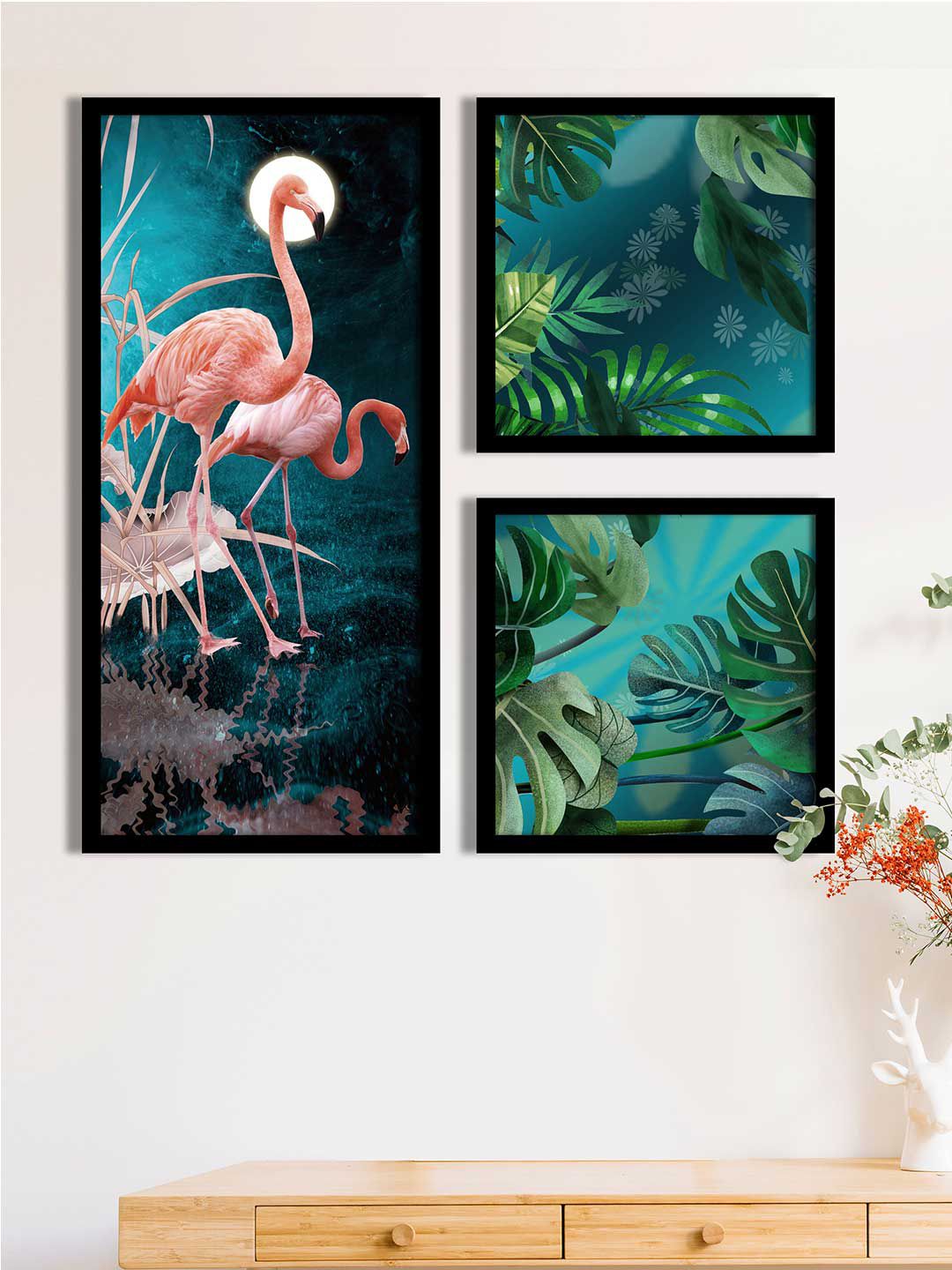 Art Street Set Of 3 Green & Pink Flamingo Printed Framed Wall Art Price in India