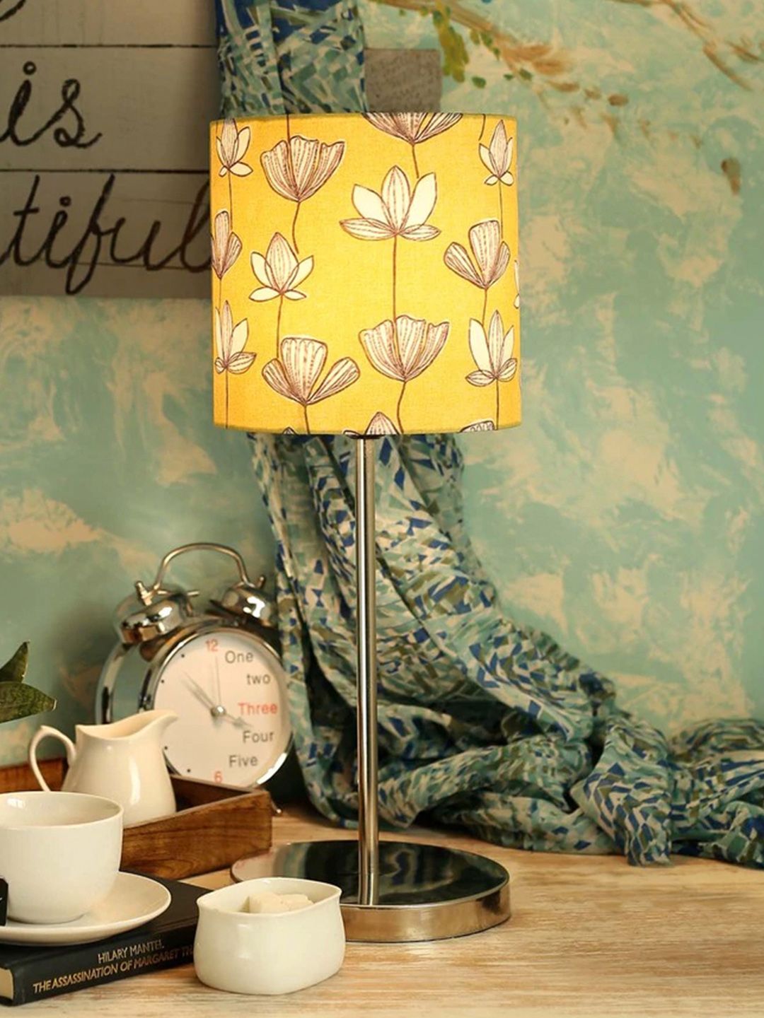 green girgit Brown & Yellow Floral Printed Bedside Lamp Price in India