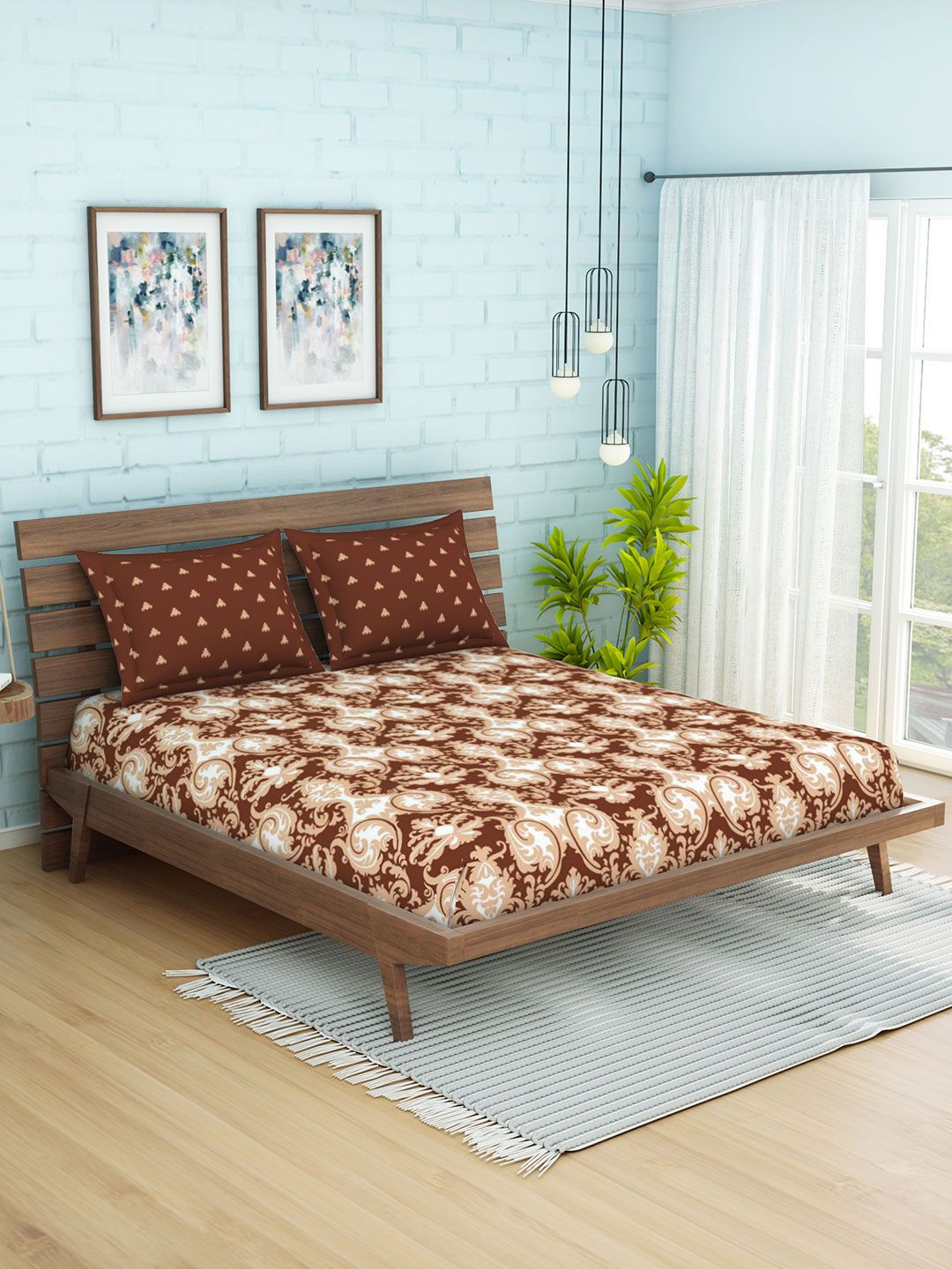 SPACES Brown & Beige Ethnic Motifs 144 TC Cotton 1 Queen Bedsheet with 2 Pillow Covers Price in India