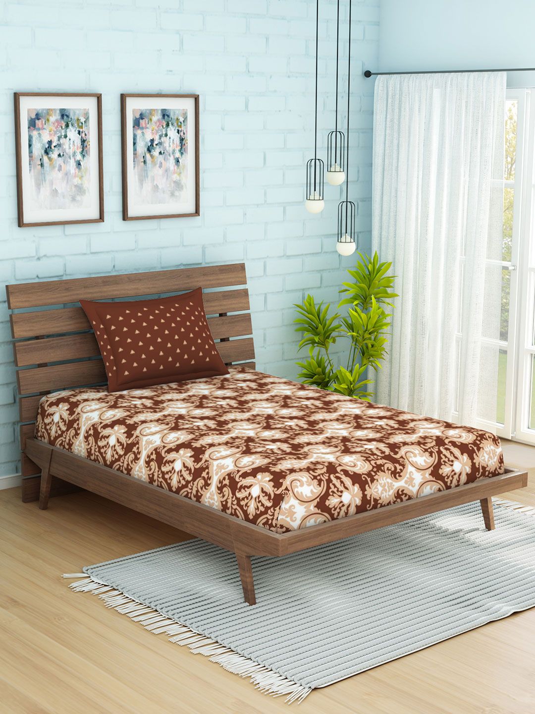 SPACES Brown & Beige Ethnic Motifs 144 TC Cotton 1 Single Bedsheet with 1 Pillow Covers Price in India