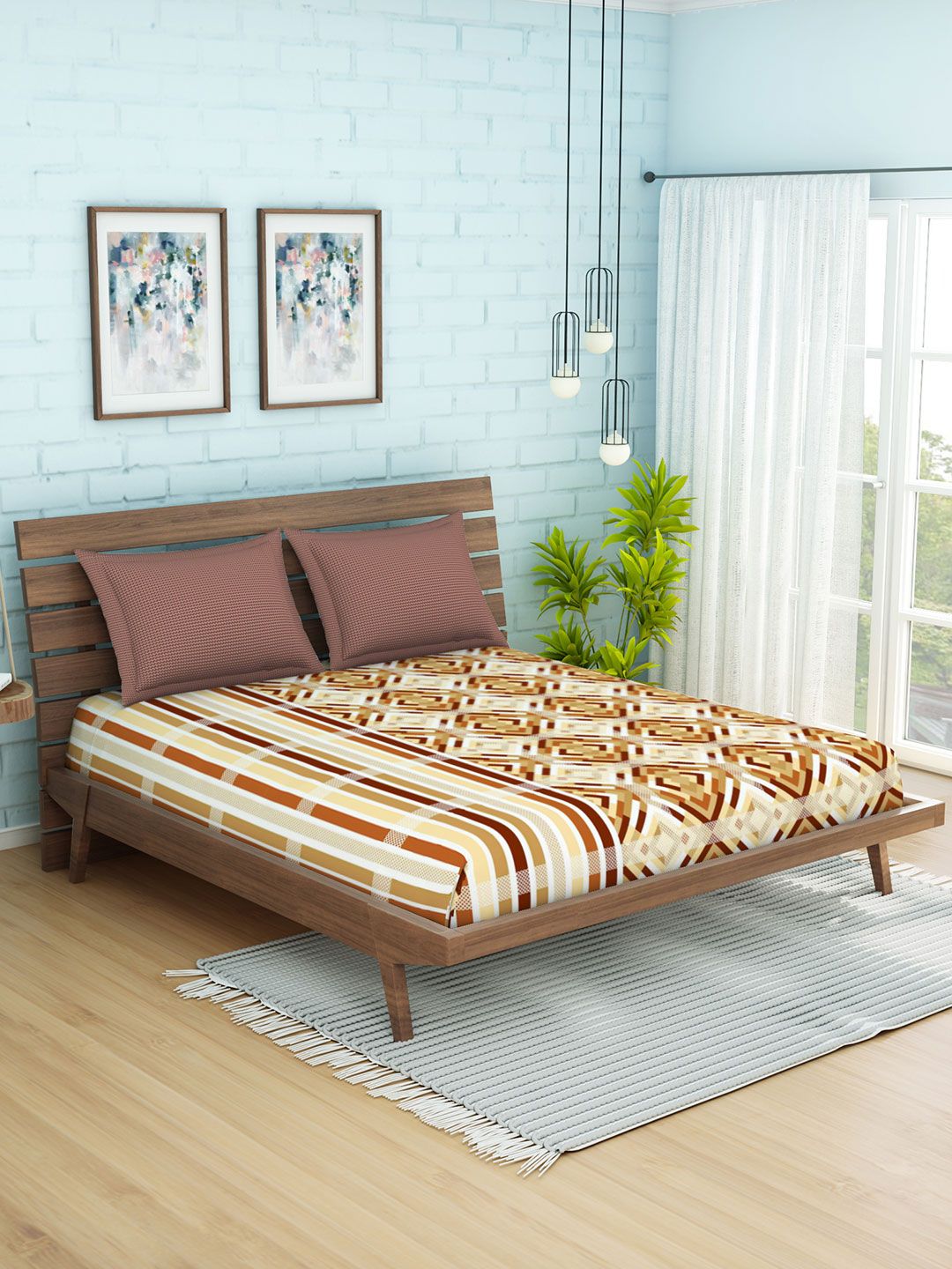 SPACES Brown & Beige Abstract 144 TC Cotton 1 Queen Bedsheet with 2 Pillow Covers Price in India