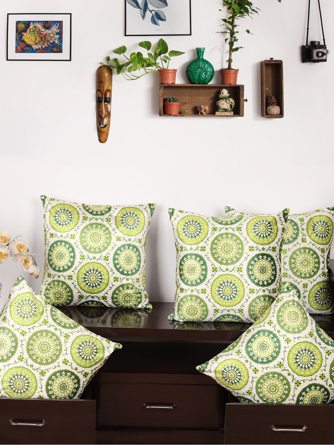 NISRAG HOME Green & Off-White Set of 5 Ethnic Motifs Square Cushion Covers Price in India