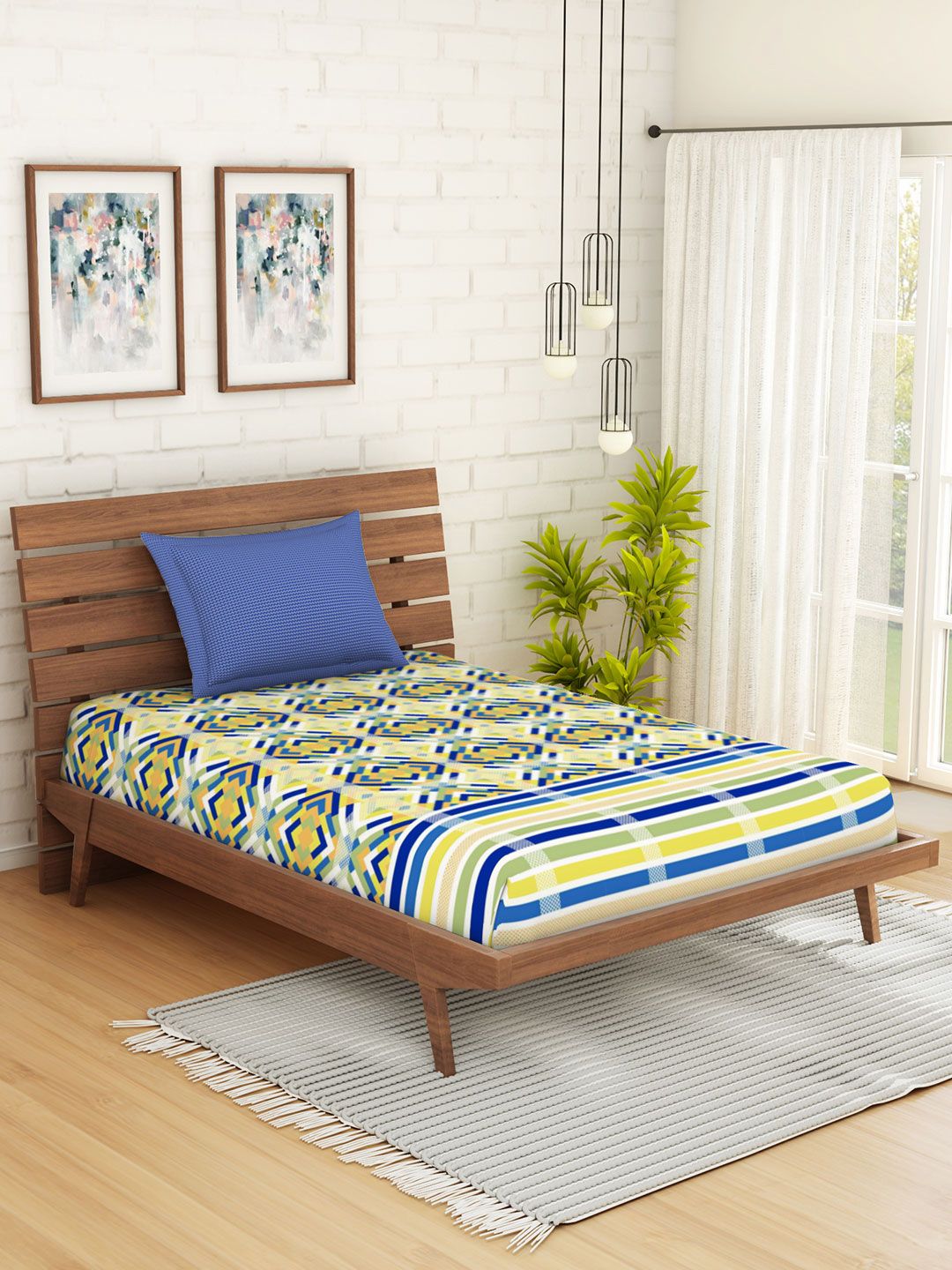 SPACES Blue & Yellow Abstract 144 TC Cotton 1 Single Bedsheet with 1 Pillow Covers Price in India