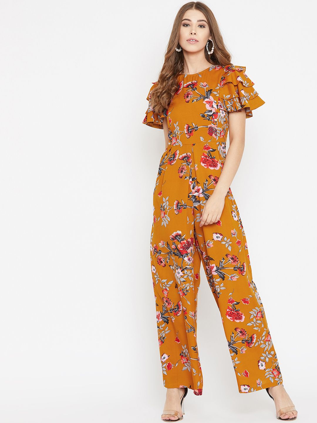 Uptownie Lite Women Yellow & Grey Printed Basic Ruffle Jumpsuit Price in India