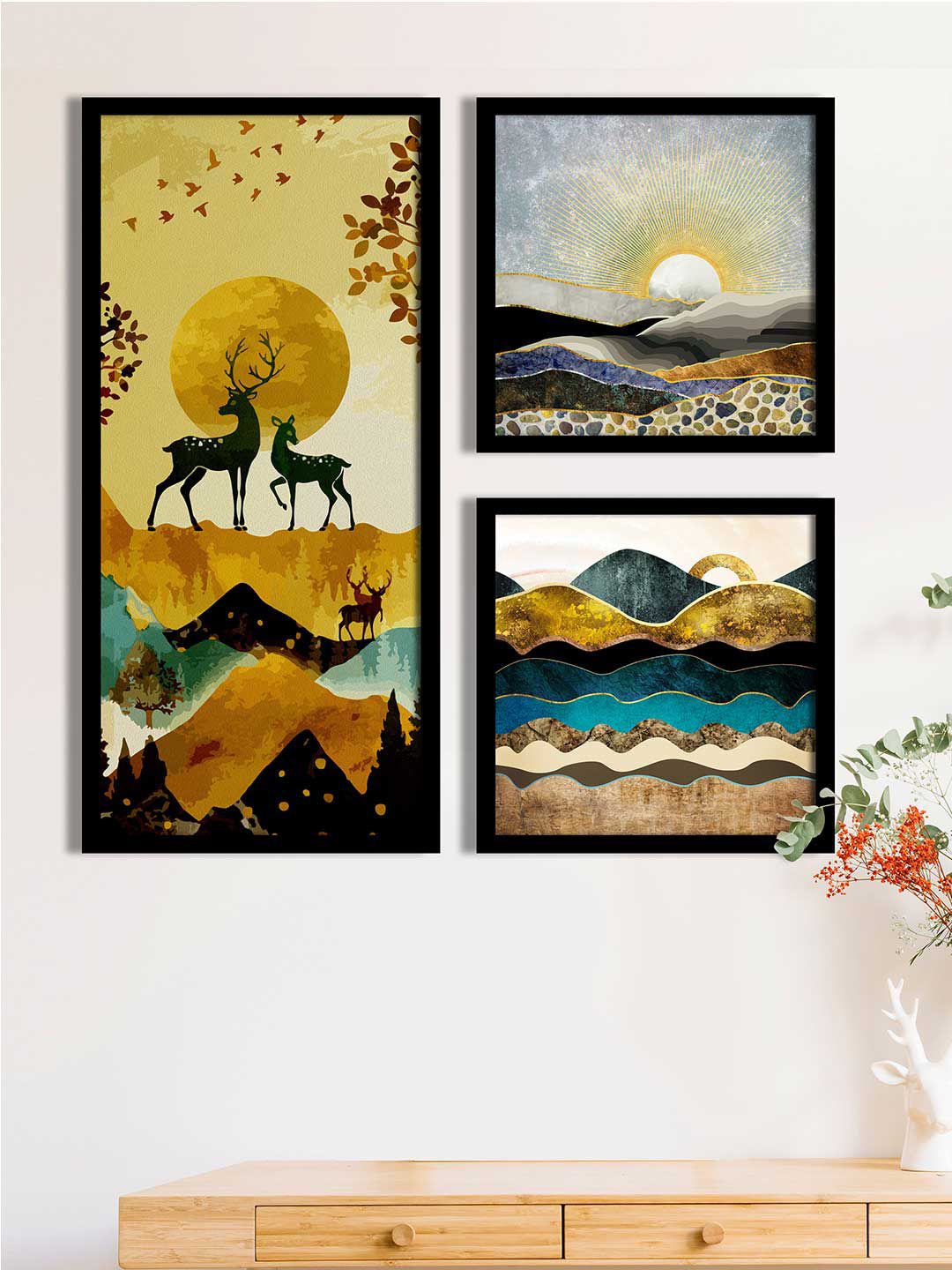 Art Street Set Of 3 Yellow & Blue Deers Print Framed Wall Art Price in India