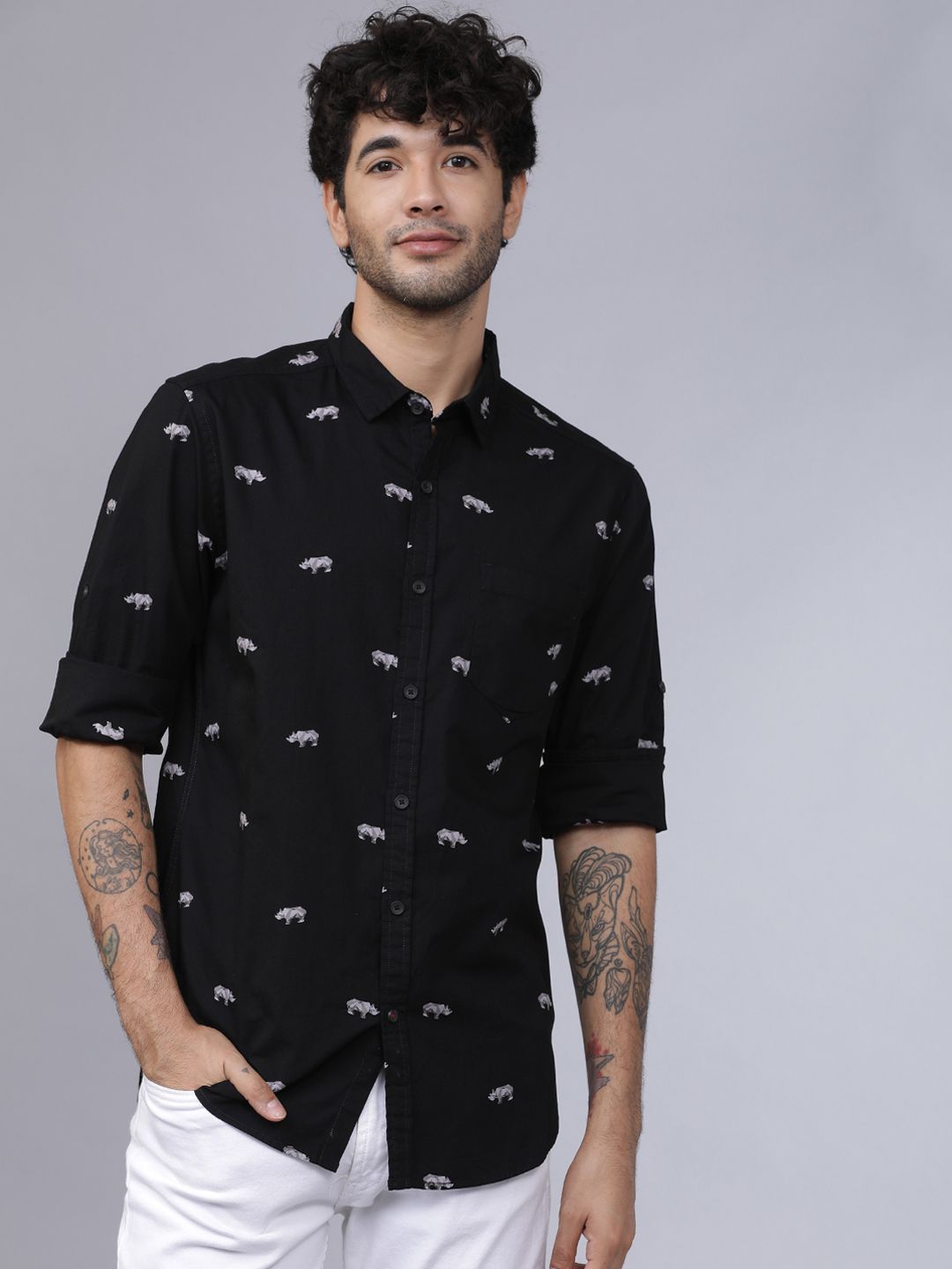 Ecko Unltd Men Black & Grey Slim Fit Printed Casual Shirt