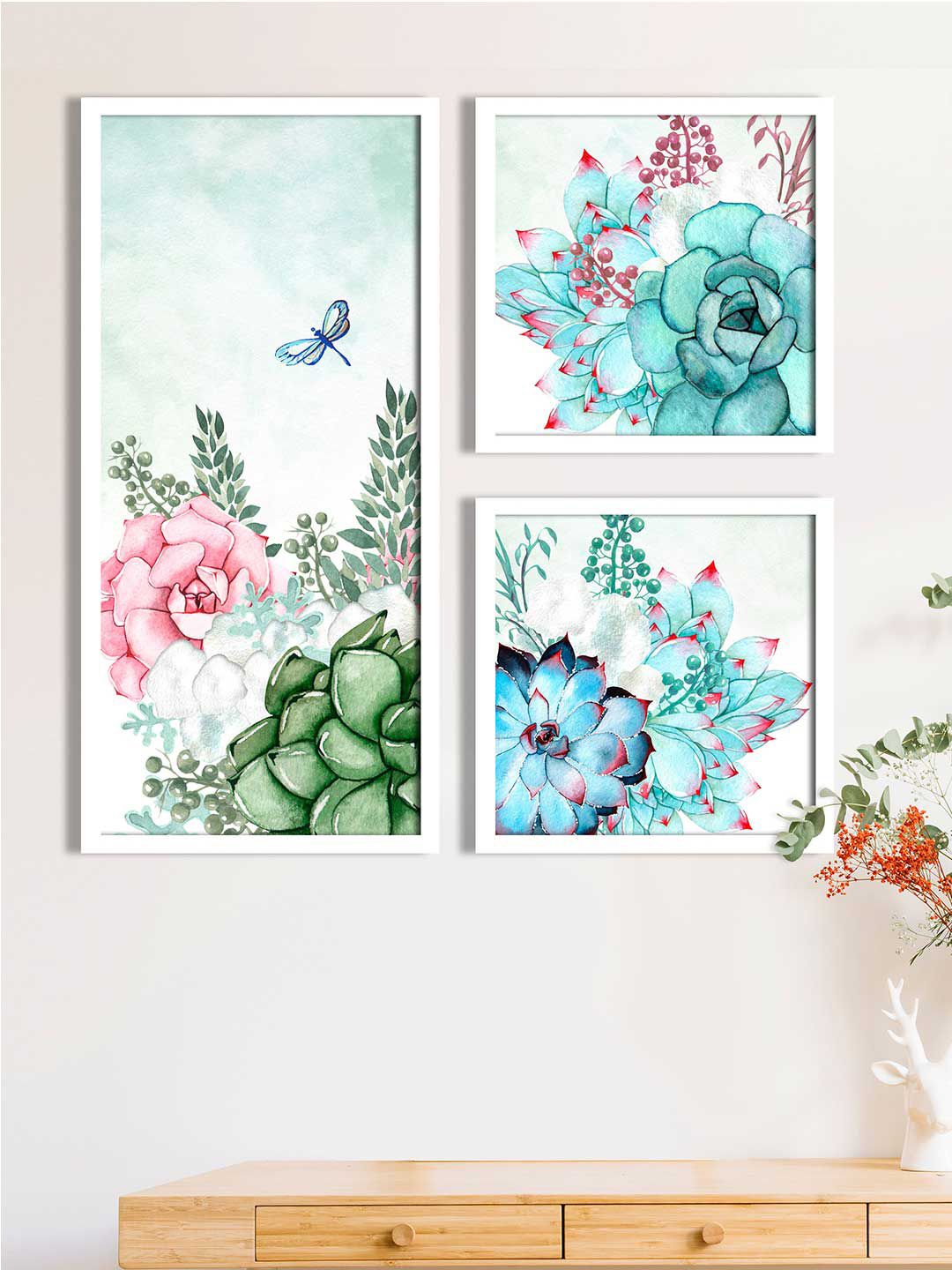 Art Street Set Of 3 Turquoise Blue & Green Printed Framed Wall Art Price in India