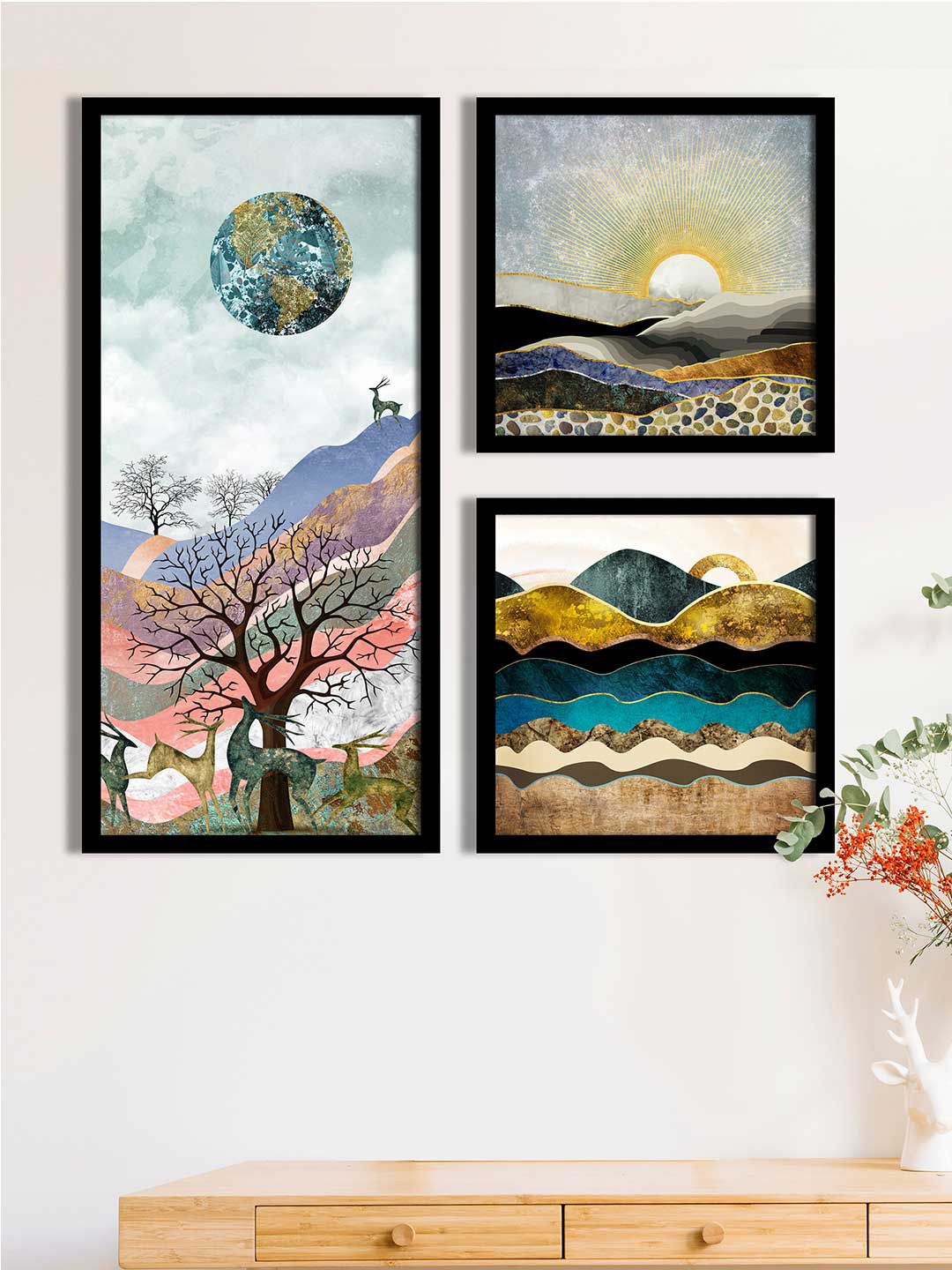 Art Street Set Of 3 Teal Blue & Brown Printed Mountain View Wall Art Price in India