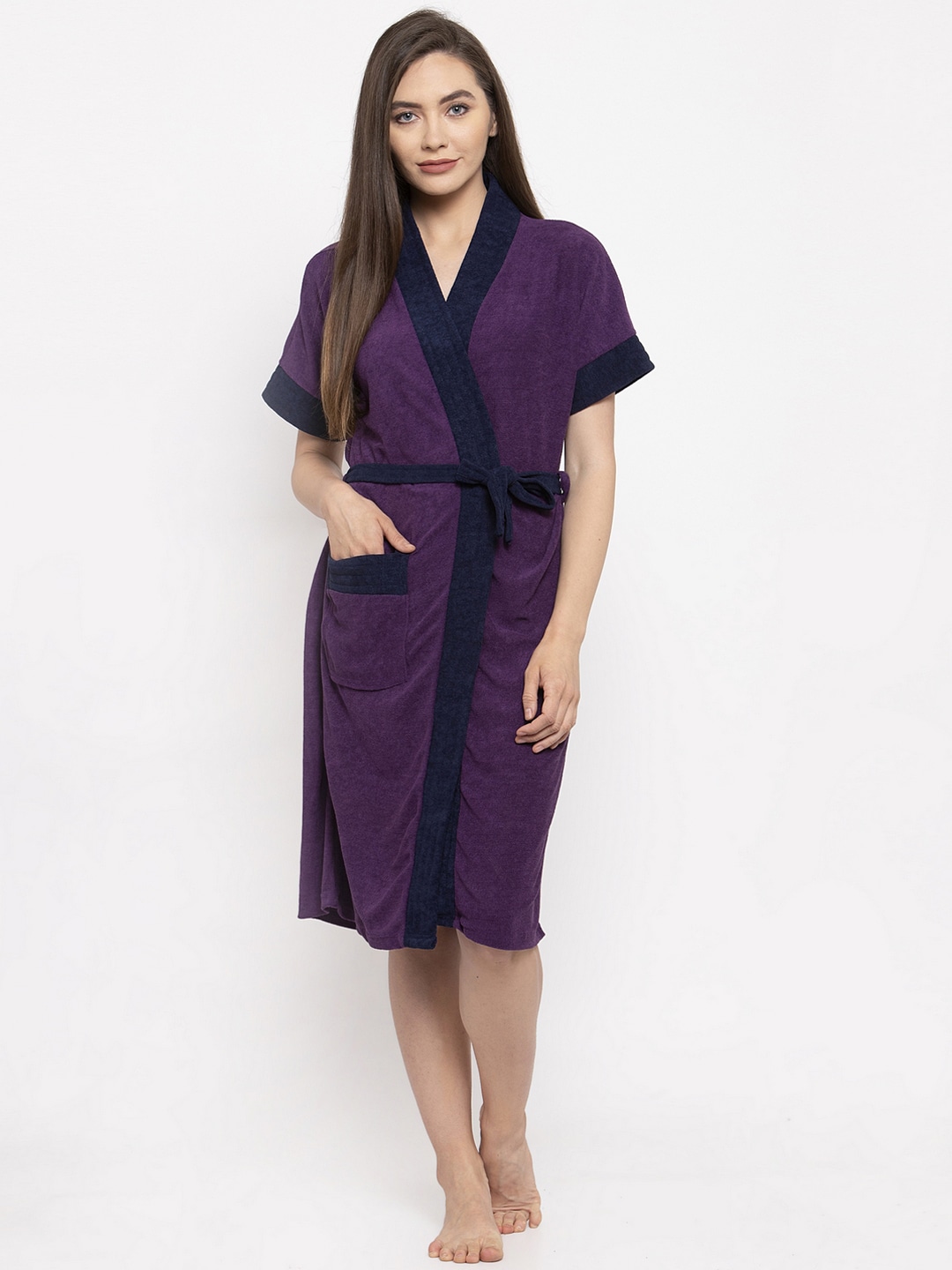 ELEVANTO Women Purple & Blue Colourblocked Bath Robe Price in India