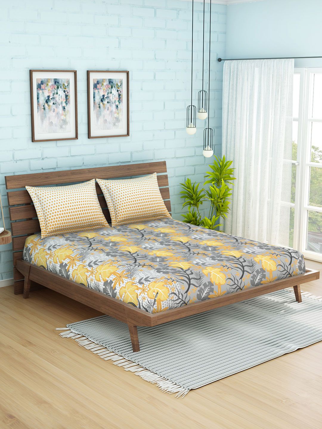 SPACES Grey & Yellow Graphic 144 TC Cotton 1 Queen Bedsheet with 2 Pillow Covers Price in India