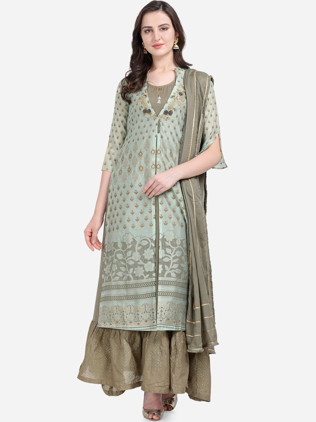 Stylee LIFESTYLE Green & Gold-Toned Chanderi Silk Semi-Stitched Dress Material Price in India