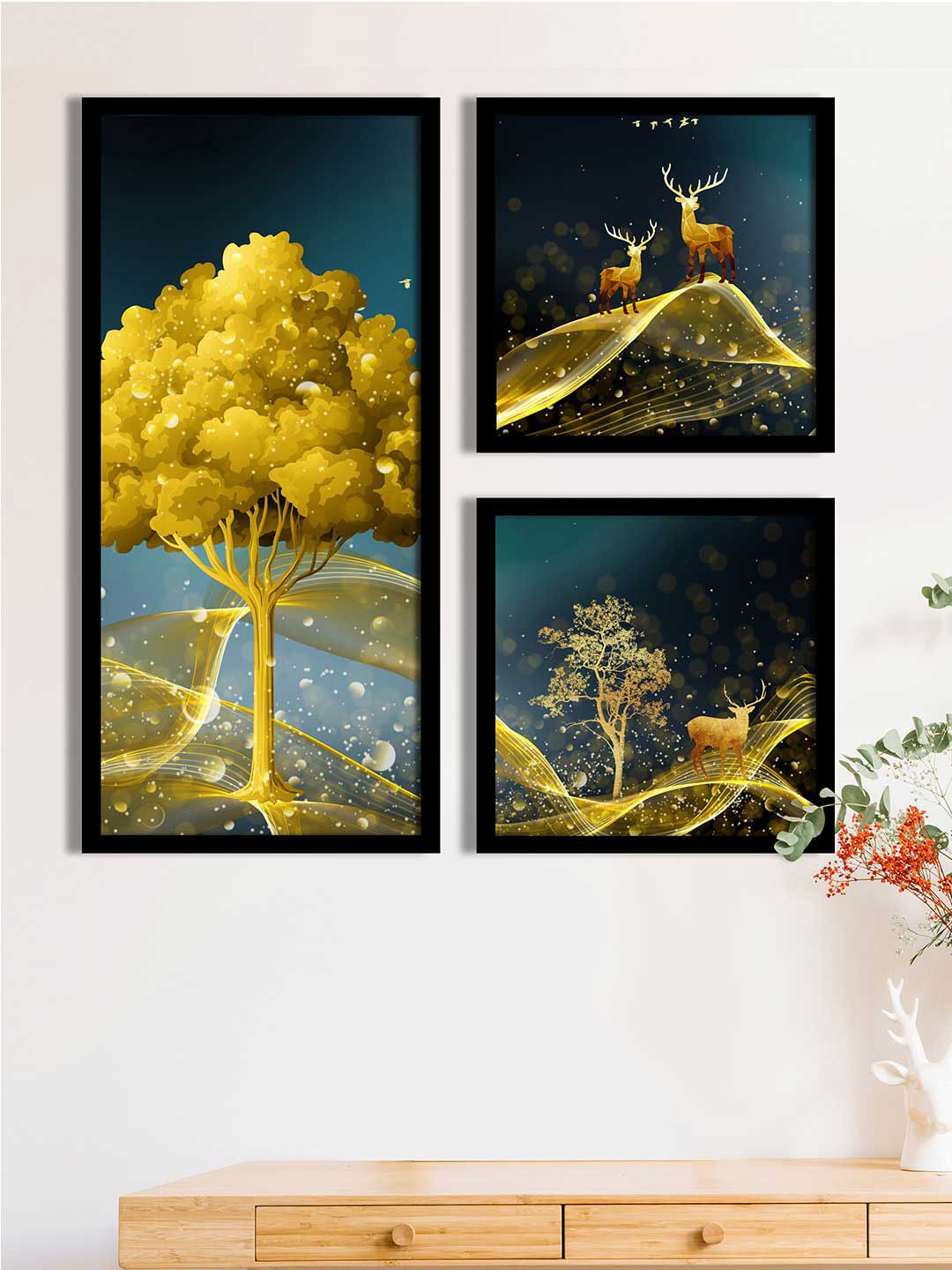 Art Street Set Of 3 Gold-Coloured & Navy Blue Golden Tree Printed Framed Wall Art Price in India