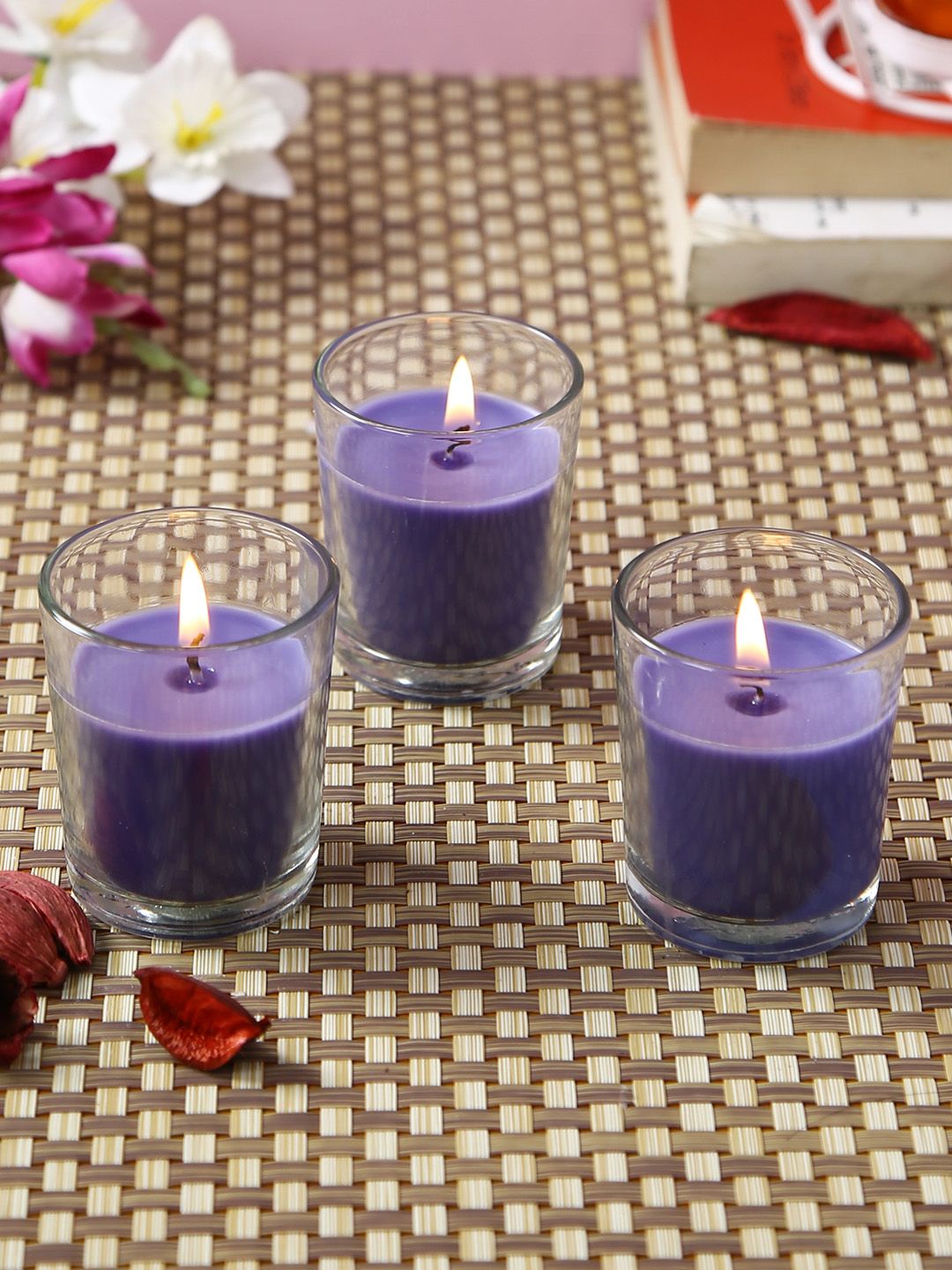 HOSLEY Set Of 3 Purple Solid Highly Fragranced Lavender Fields Filled Glass Candles Price in India