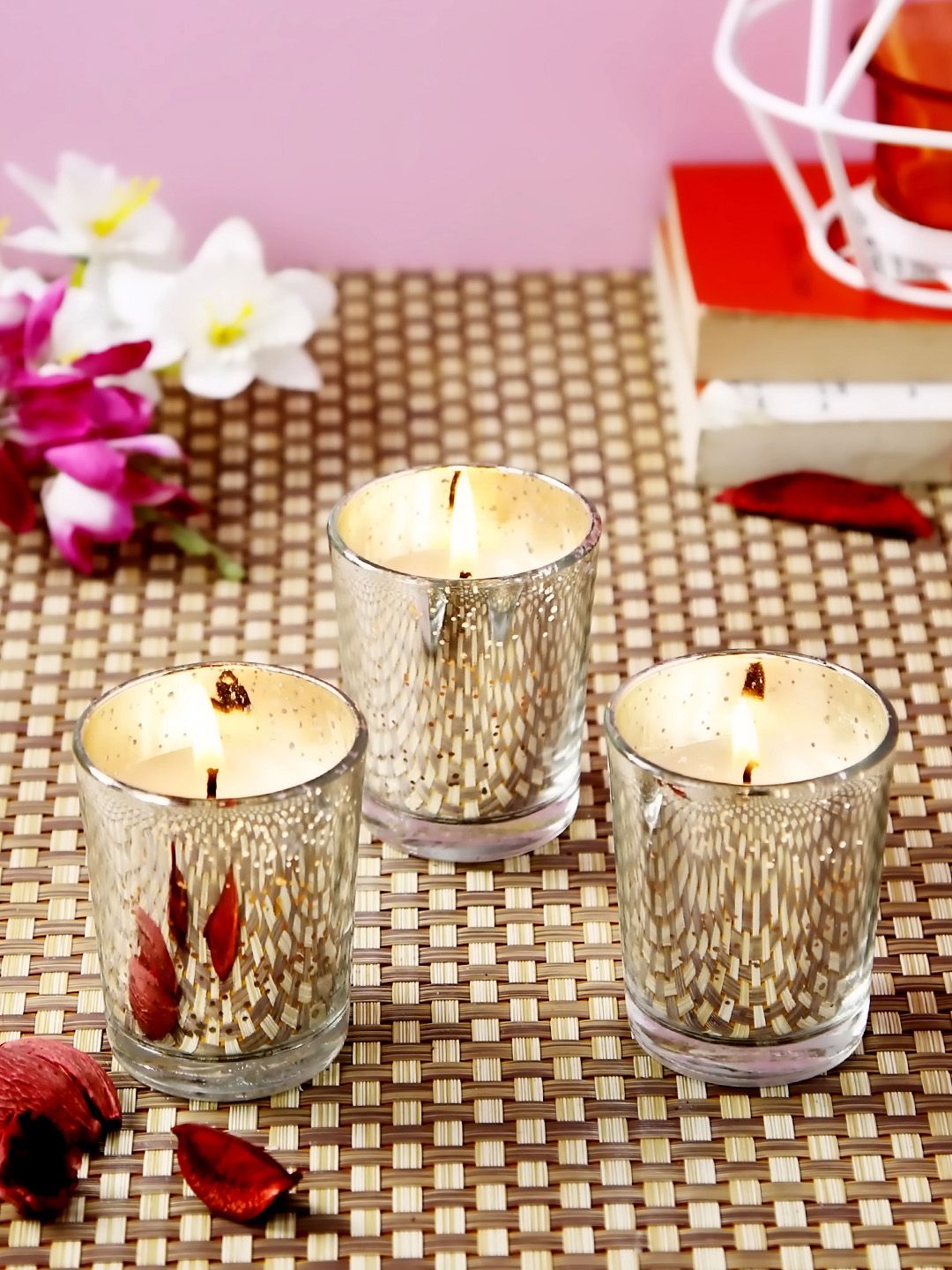 HOSLEY Set Of 3 Silver-Toned Glass Scented Candles Price in India