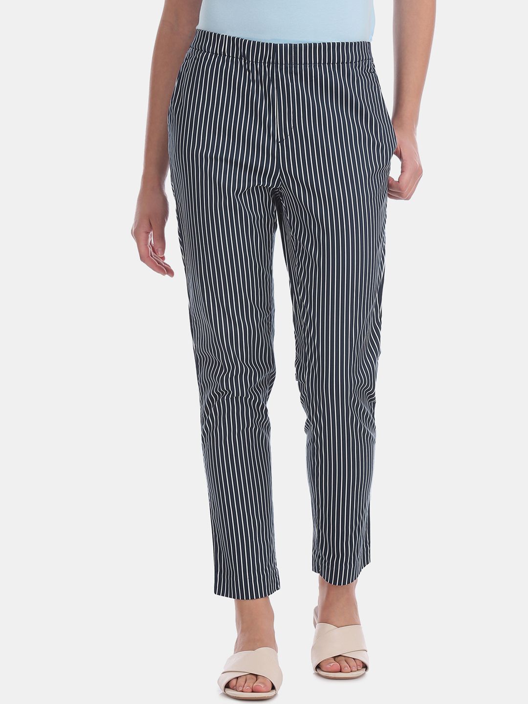 U.S. Polo Assn. Women Women Navy Blue & White Skinny Fit Striped Regular Trousers Price in India