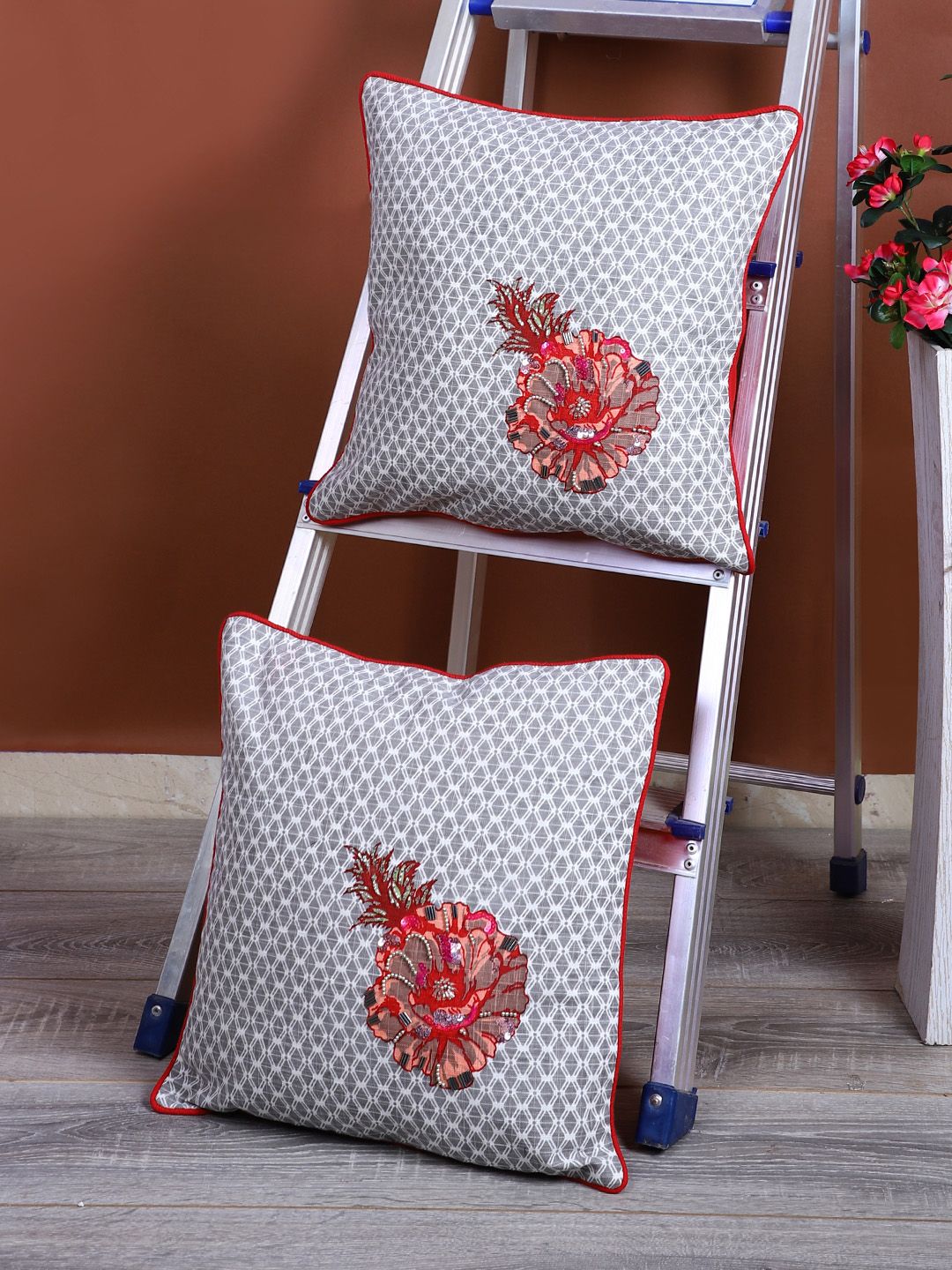 eyda White & Red Set of 2 Embellished Square Cushion Covers Price in India