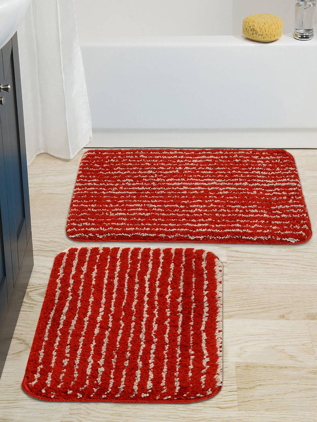Saral Home Set Of 2 Red & Beige Striped Anti-Skid Bath Rugs Price in India