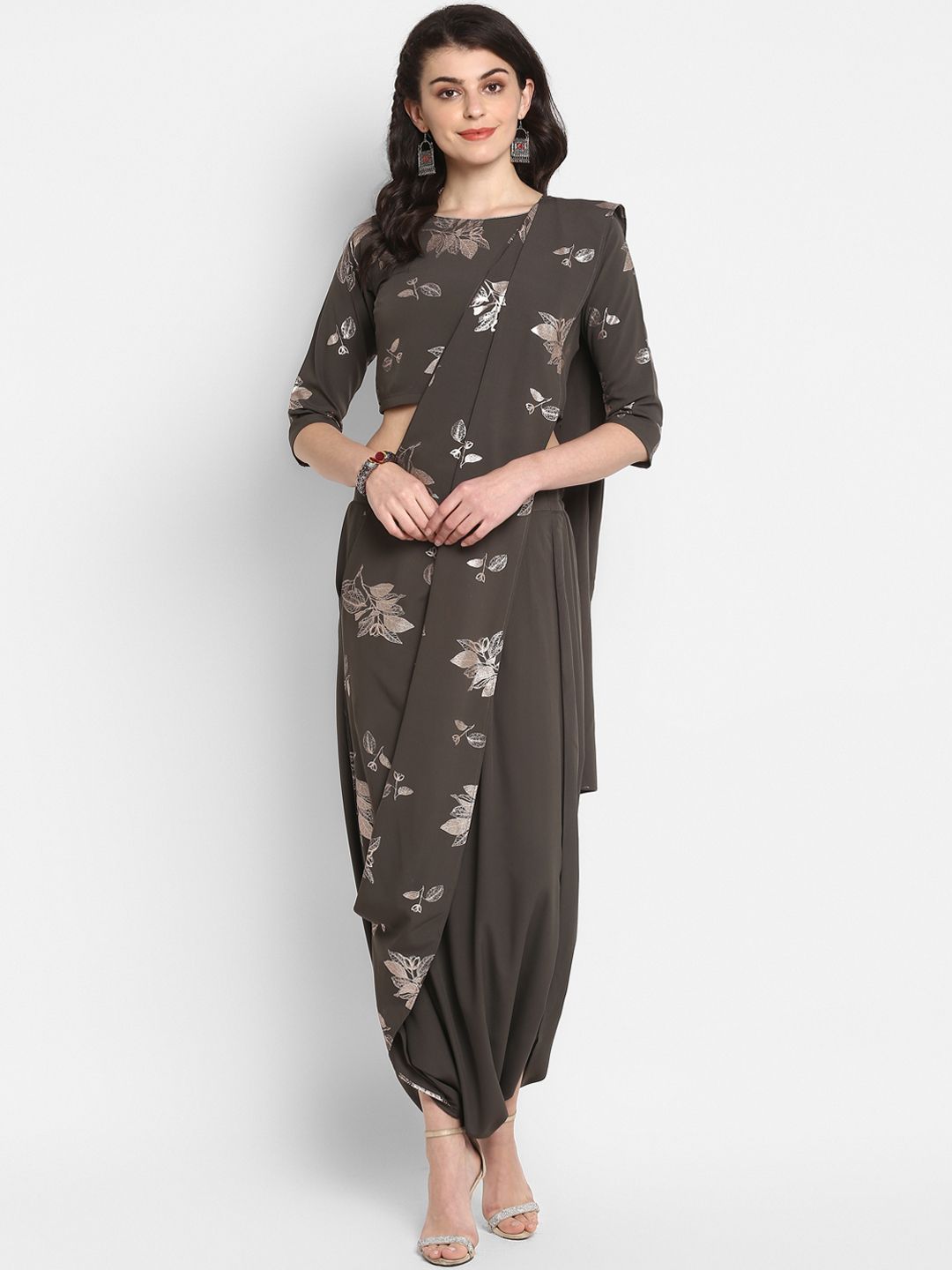 Janasya Women Grey & Silver Floral Print Top with Dhoti Pants & Dupatta Price in India