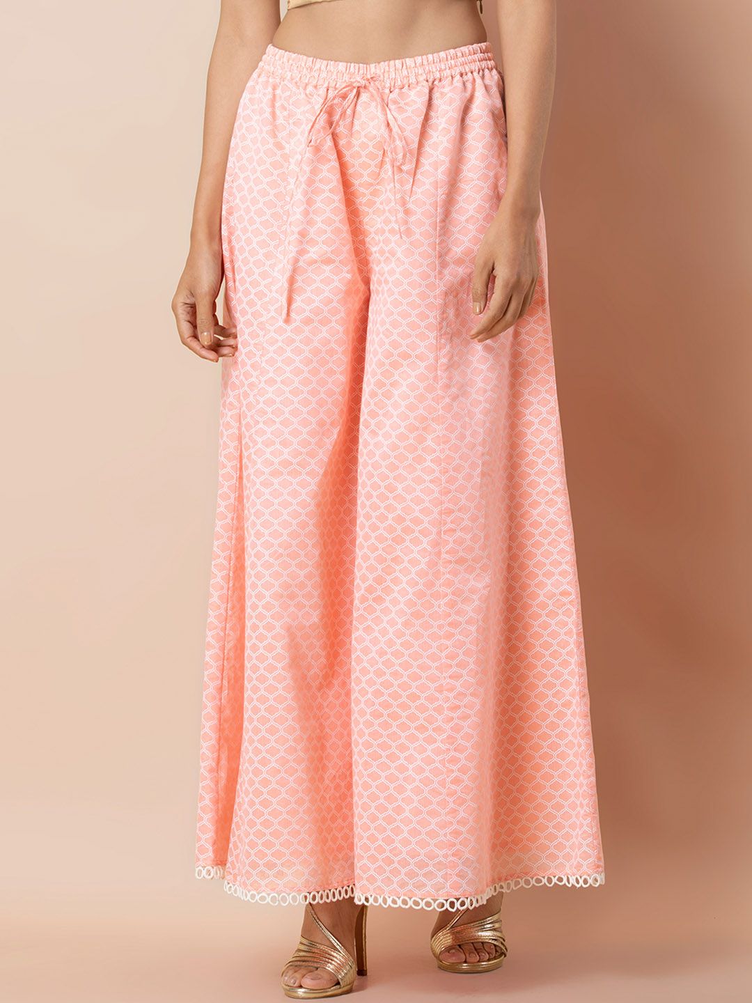 INDYA Women Peach-Coloured & White Printed Flared Palazzos Price in India