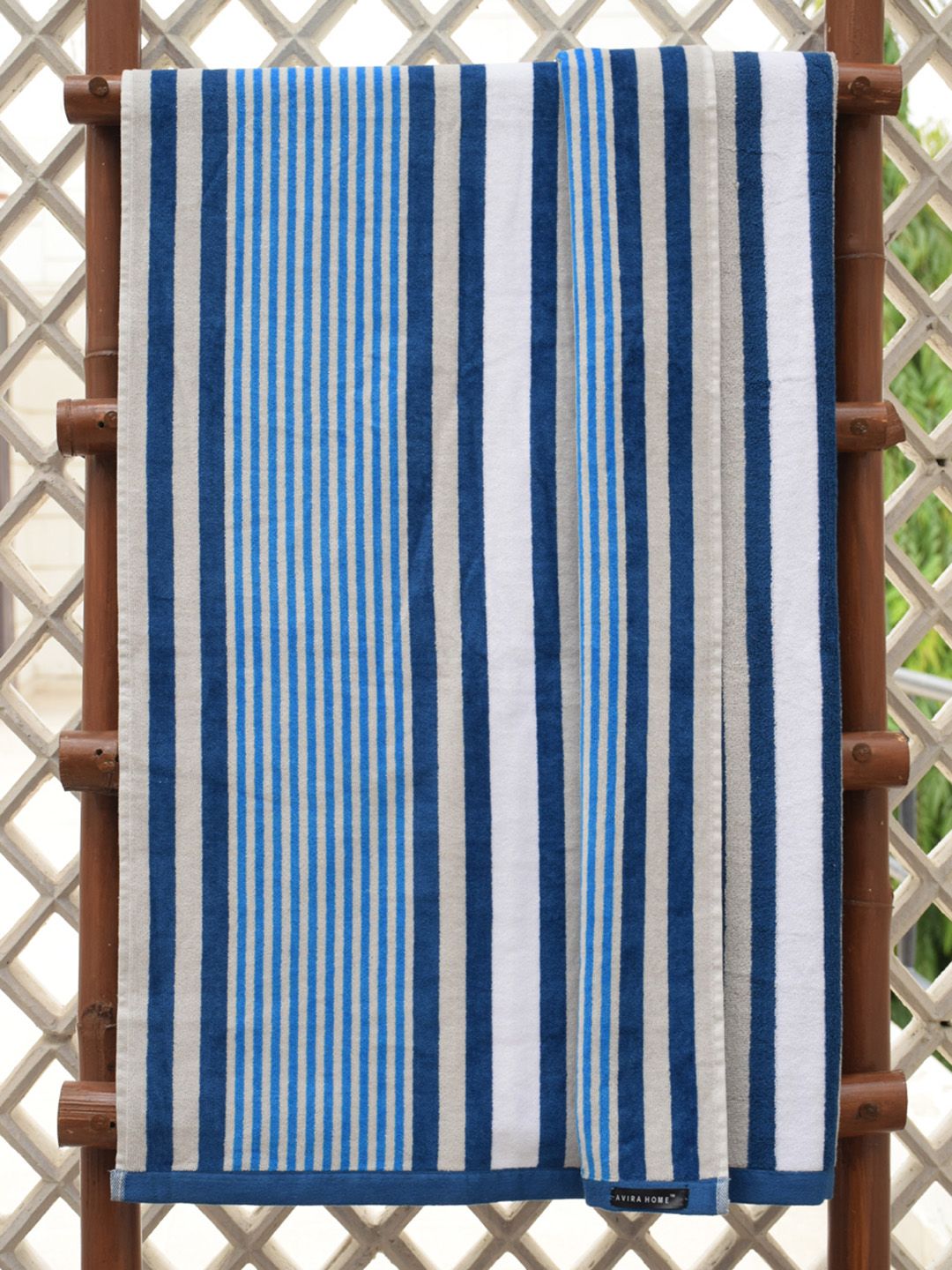 Avira Home Unisex Blue & White Striped 400GSM Velour Pool Bath Towel Price in India