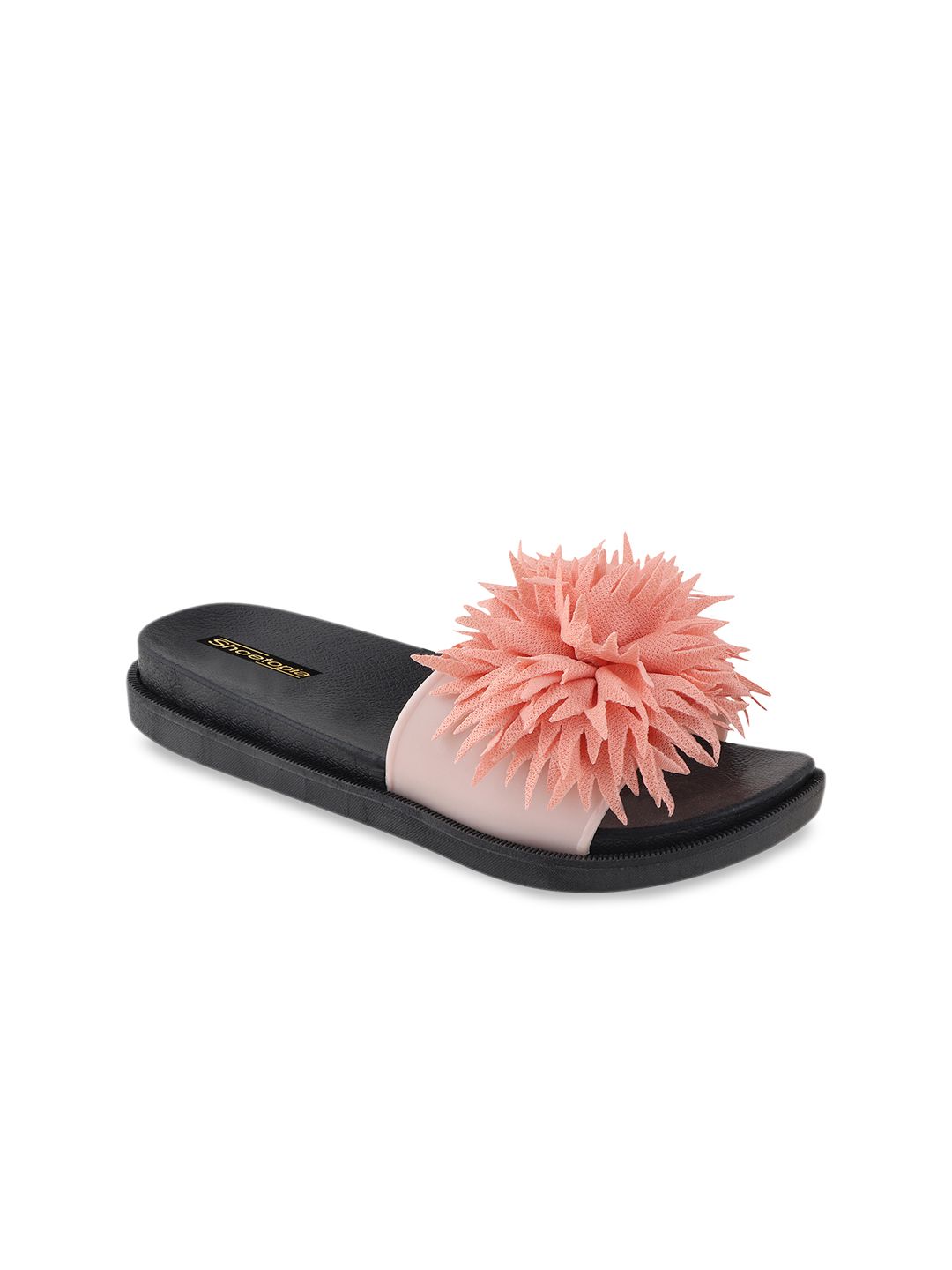 Shoetopia Women Peach-Coloured & Black Embellished Sliders Price in India