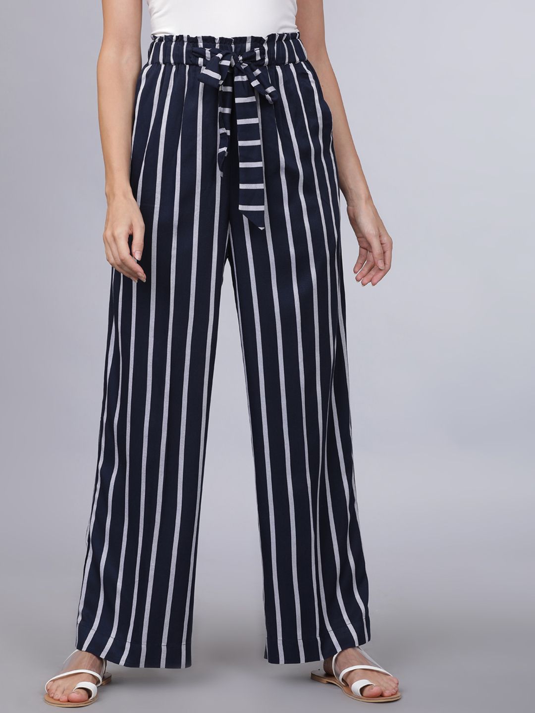 Tokyo Talkies Women Navy Blue & White Striped Parallel Trousers Price in India