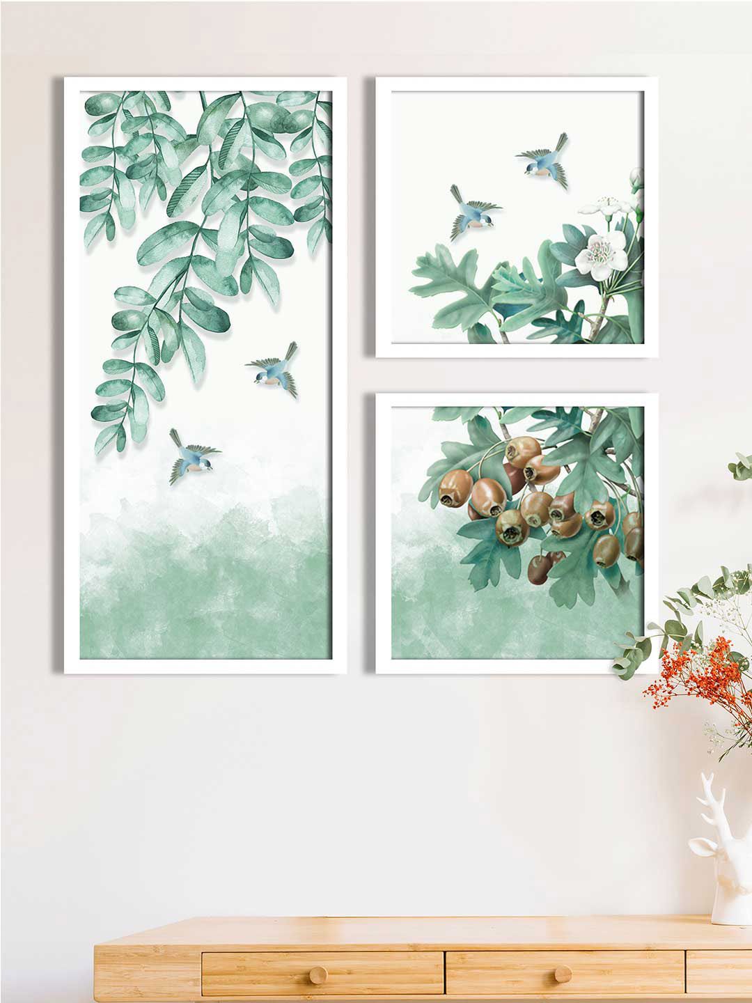 Art Street Set Of 3 Sea-Green & White Printed Four Sparrow Framed Wall Art Price in India